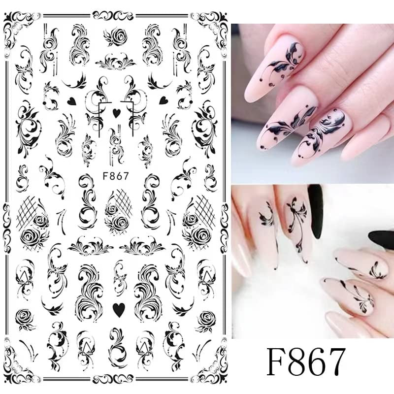JMEOWIO Nagelsticker Blumen 10 Blatt Nagelaufkleber Selbstklebend Zwart Wit Blossom Nail Art Sticker Decoratie Nageldesign Zubehör