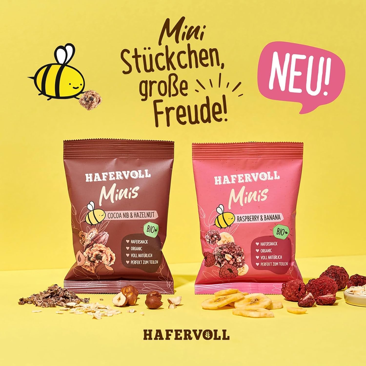 HAFERVOLL Minis Koolzaad en Banaan 8x 65g - Gecertificeerd biologisch, met honing, zonder toegevoegde suikers, perfect om te delen