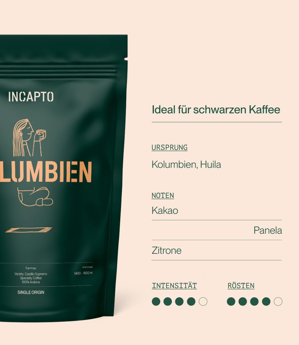 Incapto Spezialitäten-Kaffeebohnen | Colombiaanse single-oorsprong | Espresso 100% Arabica | Koffiespecialiteit 84 Punten SCA | Traditionele Geröstete Bohnenkaffee | Plantage Huila, Cadefihuila, 1kg