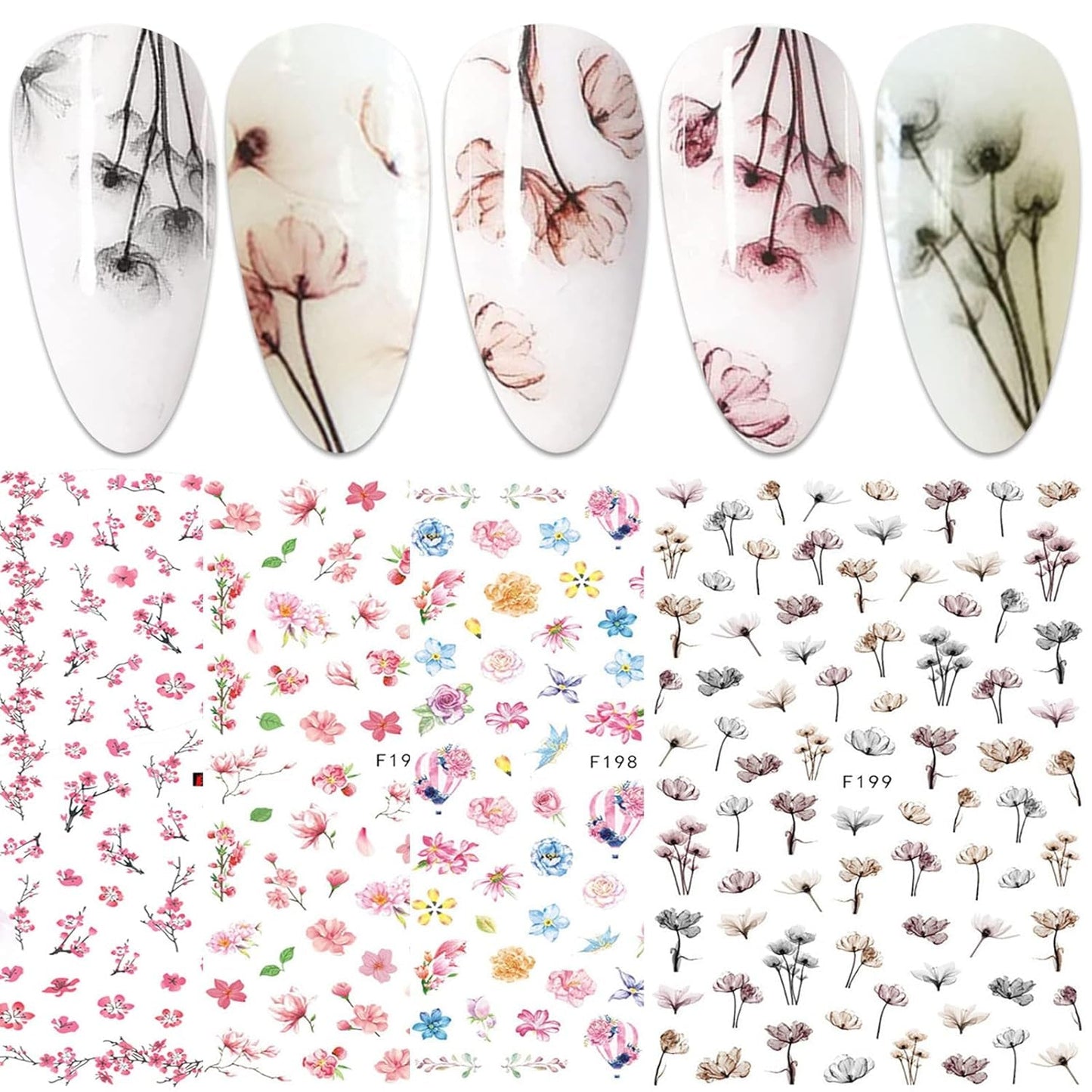 JMEOWIO Nagelsticker Frühling Blume 9 Blatt Nagelaufkleber Selbstklebend Rosa Blüte Nail Art Sticker Decoratie Nageldesign Zubehör