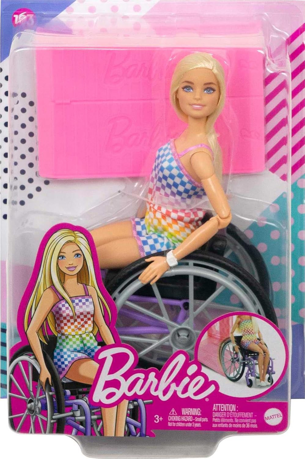 Barbie Fashionista pop, blond haar en regenboog jumpsuit, inclusief rolstoel en oprit, pop cadeau voor kinderen, speelgoed voor kinderen vanaf 3 jaar, HJT13