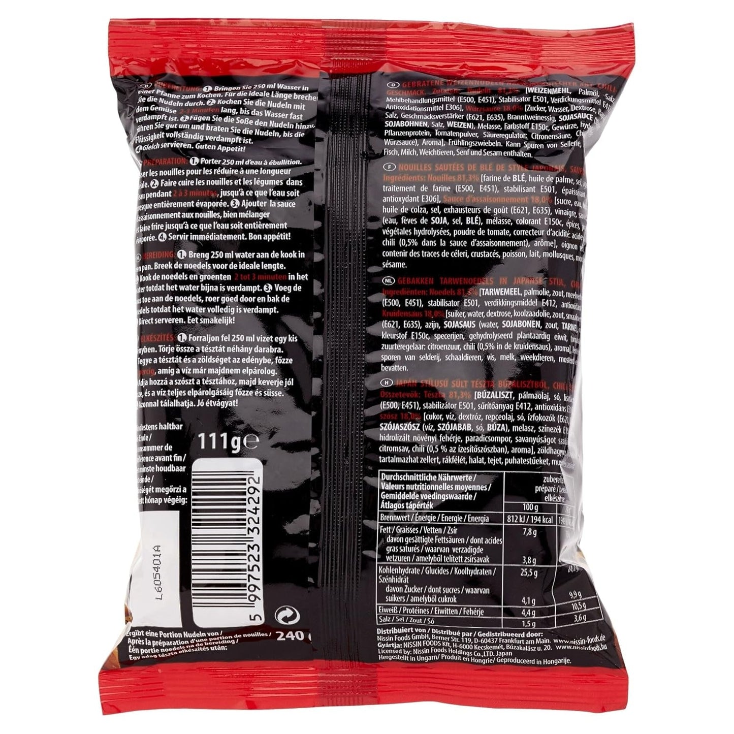 Gebakken Nissin-tarwenoedels met chilismaak, 111 g