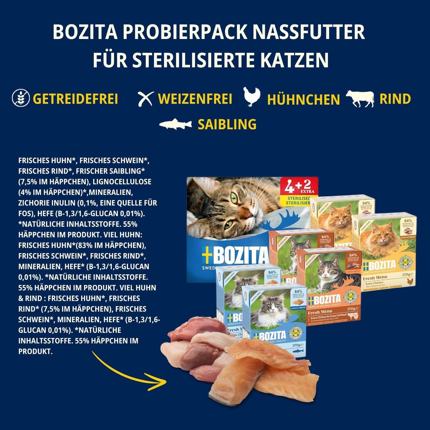 Proefpakket Bozita Tetra in saus met veel kip, houtskool en veel kip en rundvlees in gelei - 4+2-6x370g Graan- en suikervrij voer voor gesteriliseerde katten met 7,5% eiwit en 5% vet