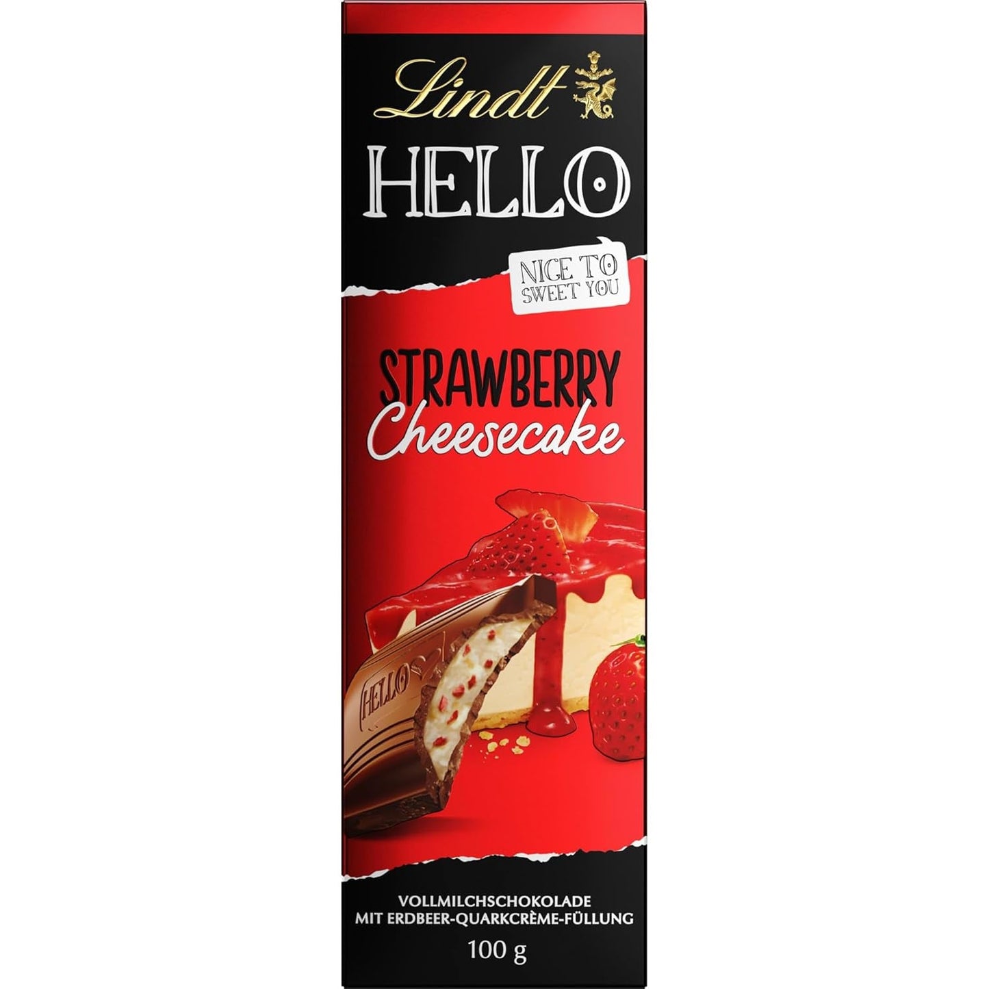 Lindt HALLO Aardbei-chocolade-cheesecake | Reep 100g | Melkchocolade met Aardbeienkwarkroomvulling | Chocoladereep | Chocolade cadeau