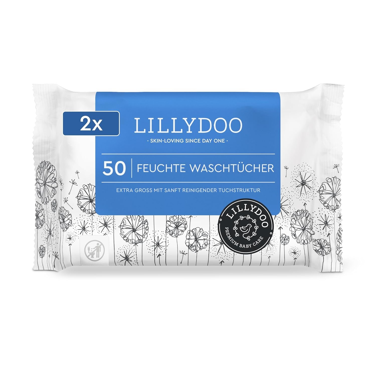 LILLYDOO Natte doekjes 50 stuks 100% plasticvrij extra groot doekje ongeparfumeerd