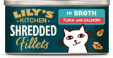 Gehakte filets in bouillon met tonijn en zalm, bereid met natuurlijke ingrediënten, Lily's Kitchen, natvoer voor volwassen katten, doos van 70 g