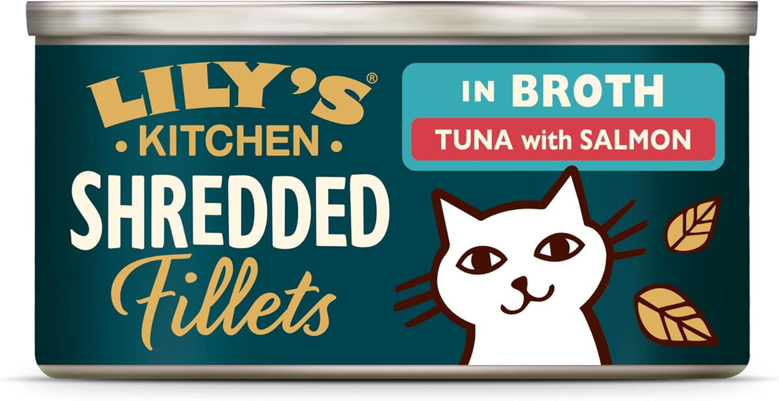 Gehakte filets in bouillon met tonijn en zalm, bereid met natuurlijke ingrediënten, Lily's Kitchen, natvoer voor volwassen katten, doos van 70 g