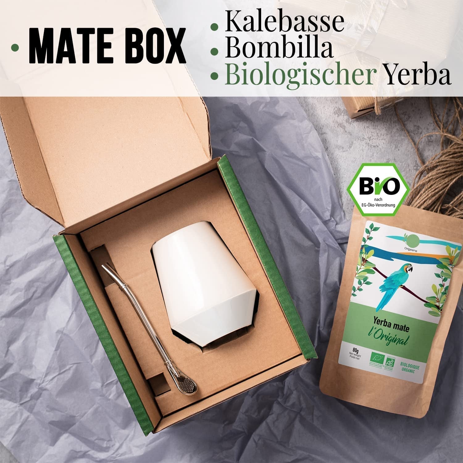 ORIGEENS MATE THEESET Met Portugese mate cup, bombilla en BIO Yerba Mate thee - Originele cadeauset