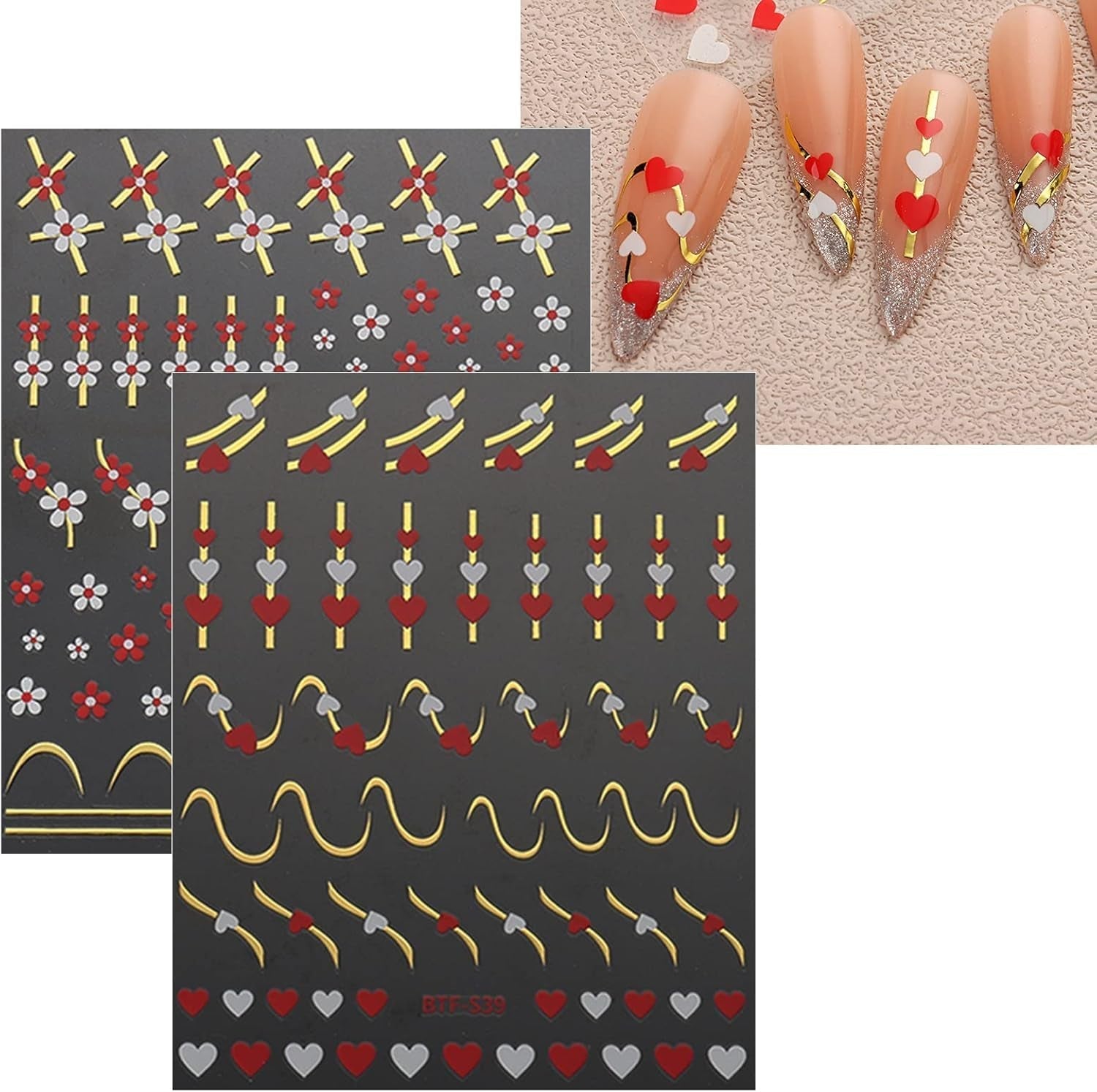JMEOWIO Nagelsticker Herz Linien Blumen 9 Blatt Nail Art Sticker Selbstklebend Nagelaufkleber Bunte Decoratie Nageldesign Zubehör