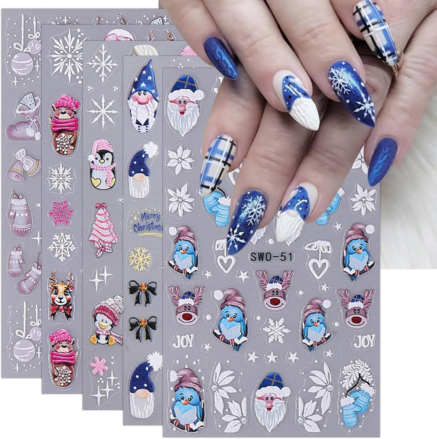 JMEOWIO Nagelsticker Weihnachten 6 Blatt Nail Art Sticker Selbstklebend Nagelaufkleber Schneeflocke Winter Urlaub Süß Decoratie Nageldesign Zubehör