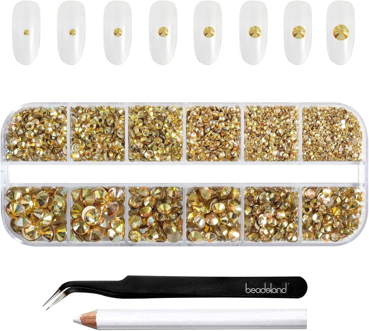 Beadsland 2500 stuks glas Nailart Strasssteine ​​Kristall Flatback Edelsteine ​​Runde, voor handwerk Gemischt 8 Größen SS4 ~ SS30 Mit Picking Pinzette en Stift (Kristall Weiss)