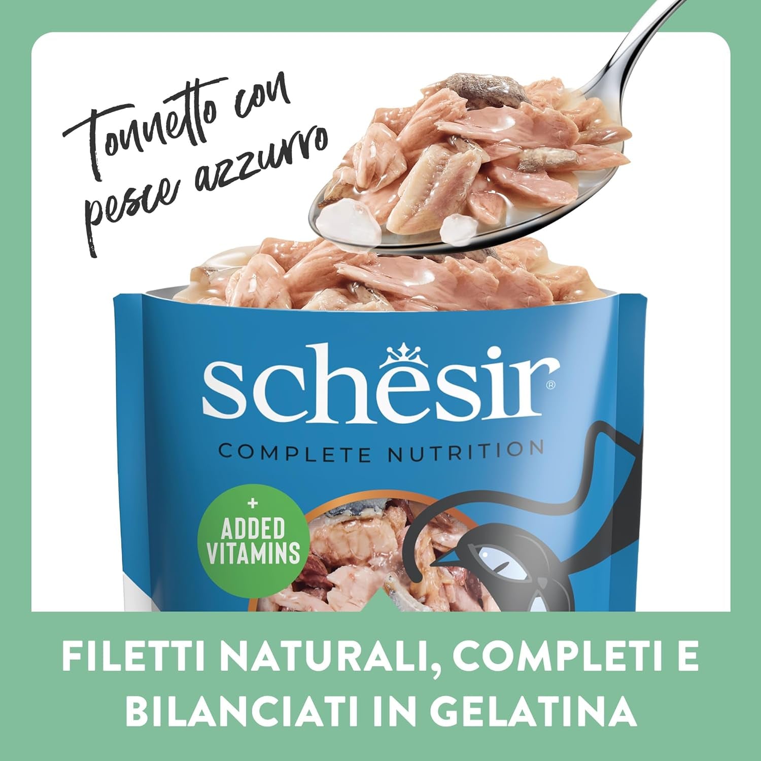 , Tonijn met blauwe vis in gelei, compleet natvoer voor katten, in zak, met extra vitamines, 100% natuurlijk, 6 x 85 g