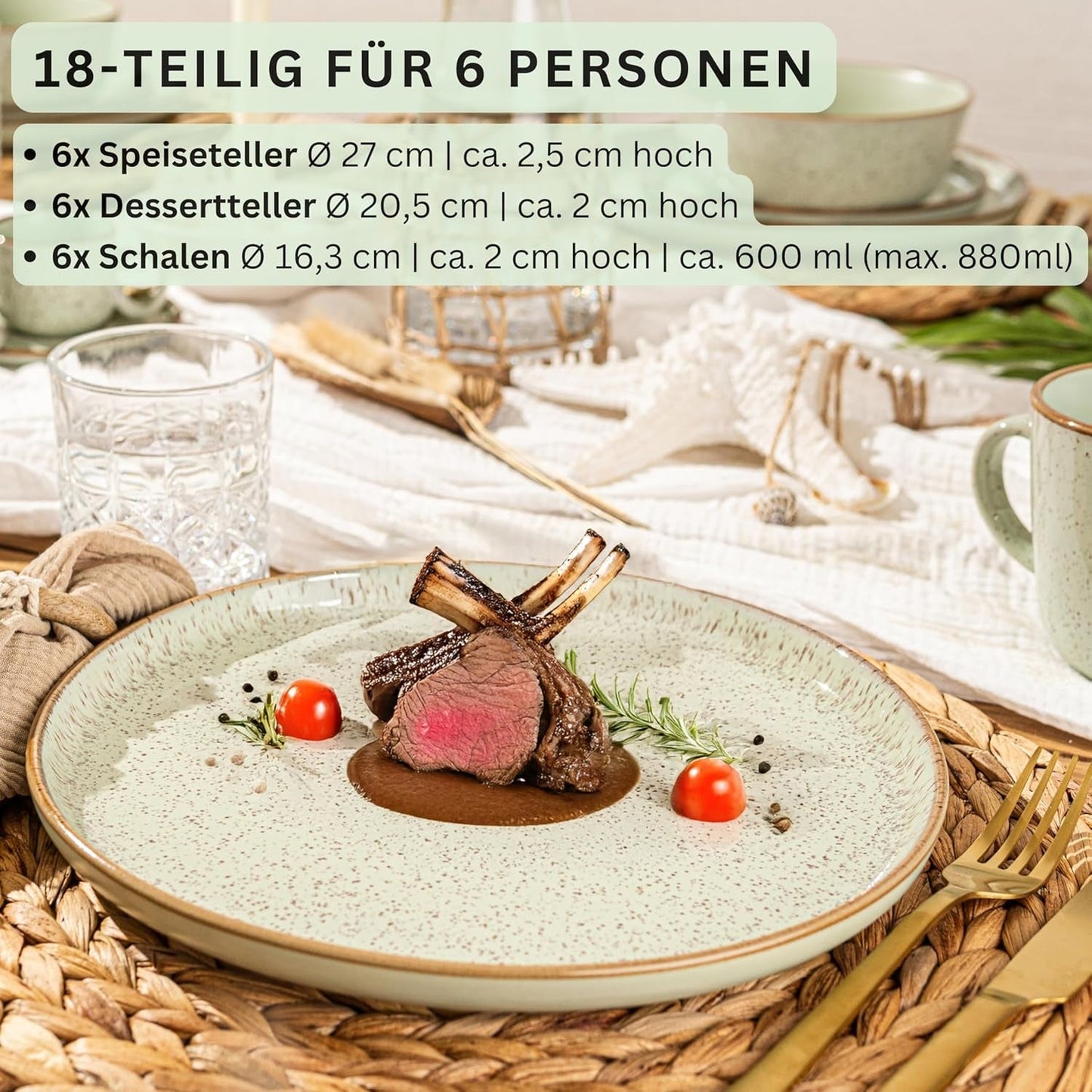 SÄNGER Rio Munt | Serviesset van steengoed voor 6, 6 borden, 6 dessertborden, 6 kommen, mintgroen | DE WAARDE-COLLECTIE