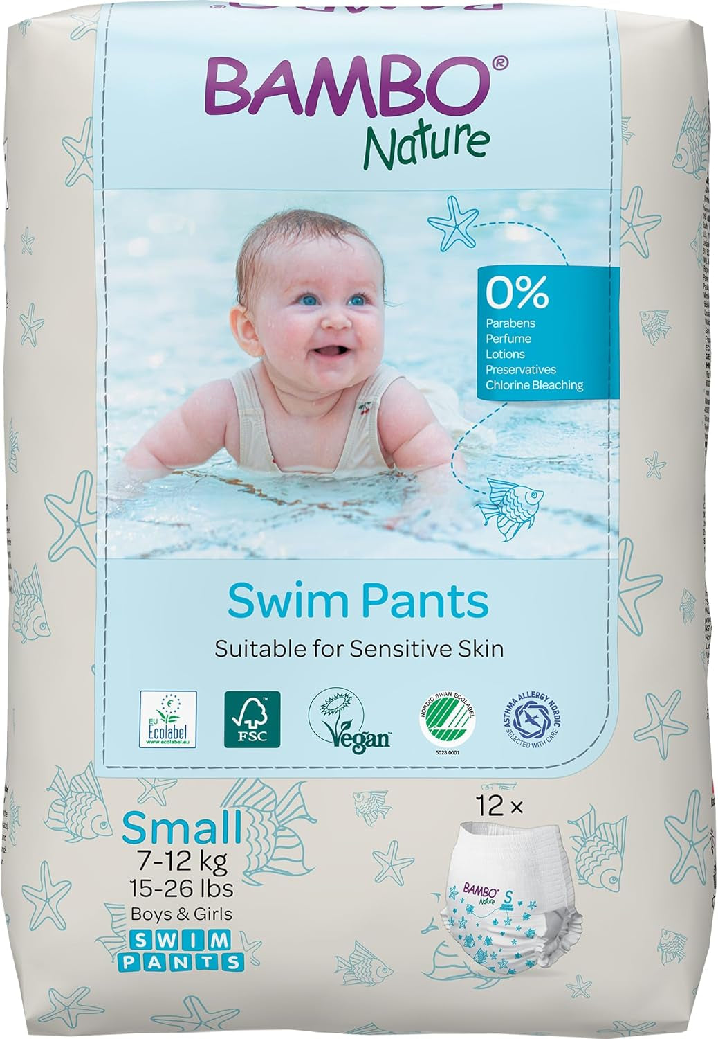 Bambo Nature Babyzwemluiers, maat S (7-12 kg), 12 luiers | Secure Fit Wegwerp Zwemluiers | Waterdicht comfort tijdens waterspelen