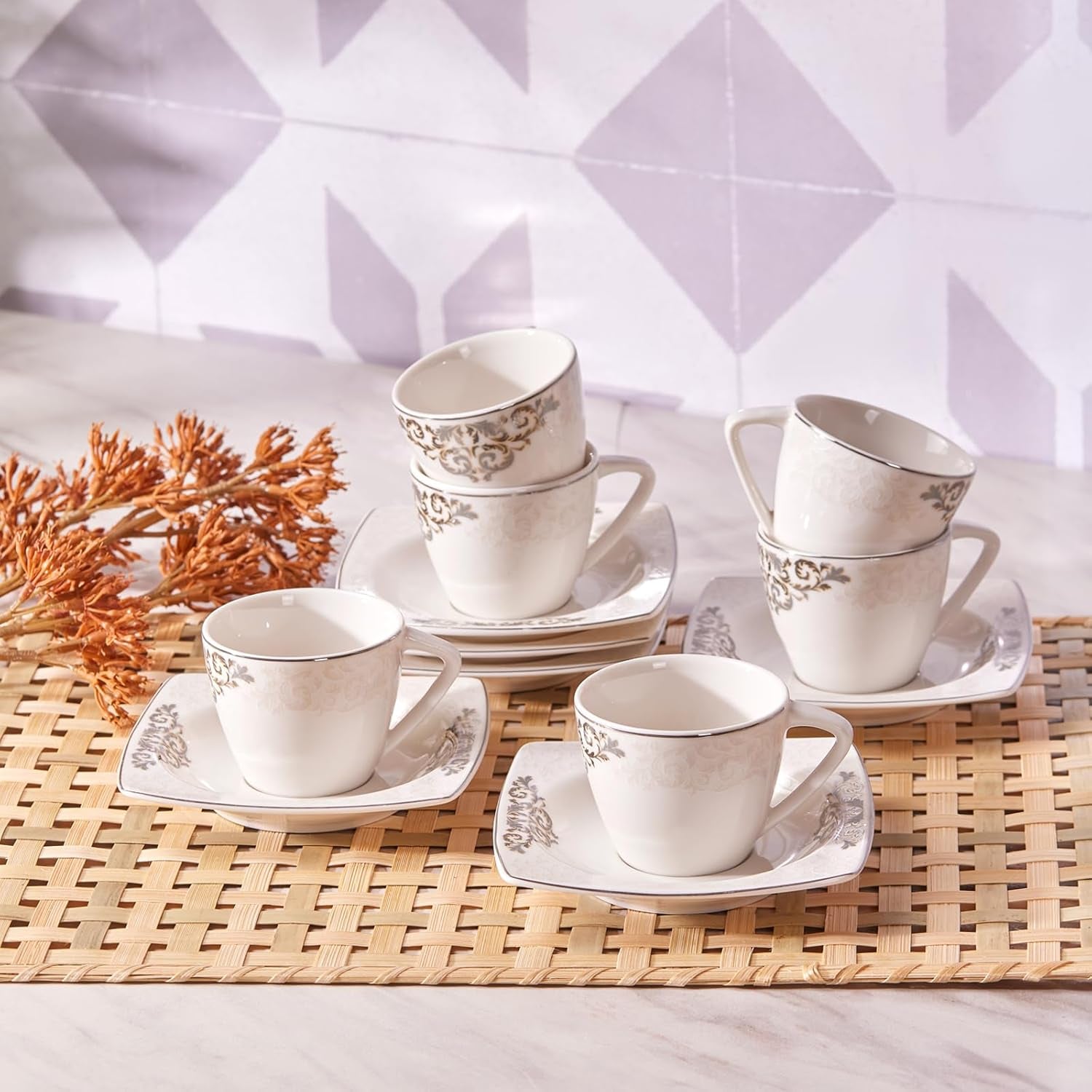 KARACA Nazende porseleinen espressokopjesset - 80 ml Turkse koffiekopjes met schotels, 12-delig modern koffieservies met 6 koffiekopjes en 6 schotels, mokkakopjes - wit