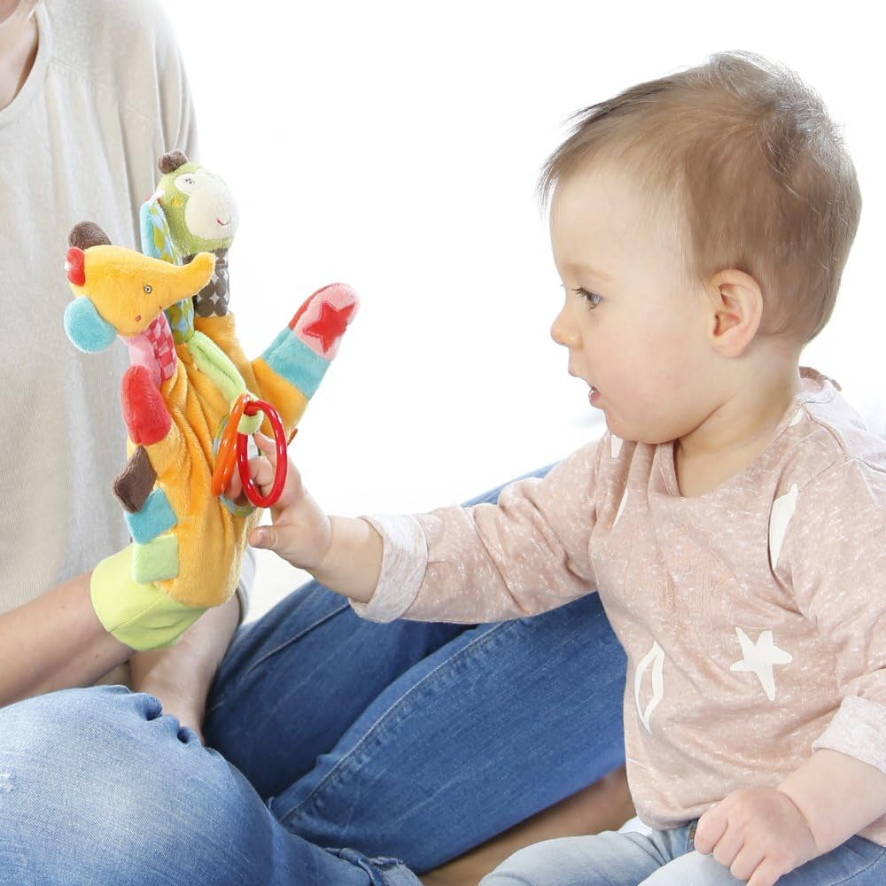 Fehn Speelhandschoen Safari - Vingerpoppetjes Babyspeelgoed Aap & Olifant om vast te pakken & Geluiden te maken & Zacht Prentenboek Bruno - Touchboek voor kinderen met dierenmotieven Babyspeelgoed Naty Shop