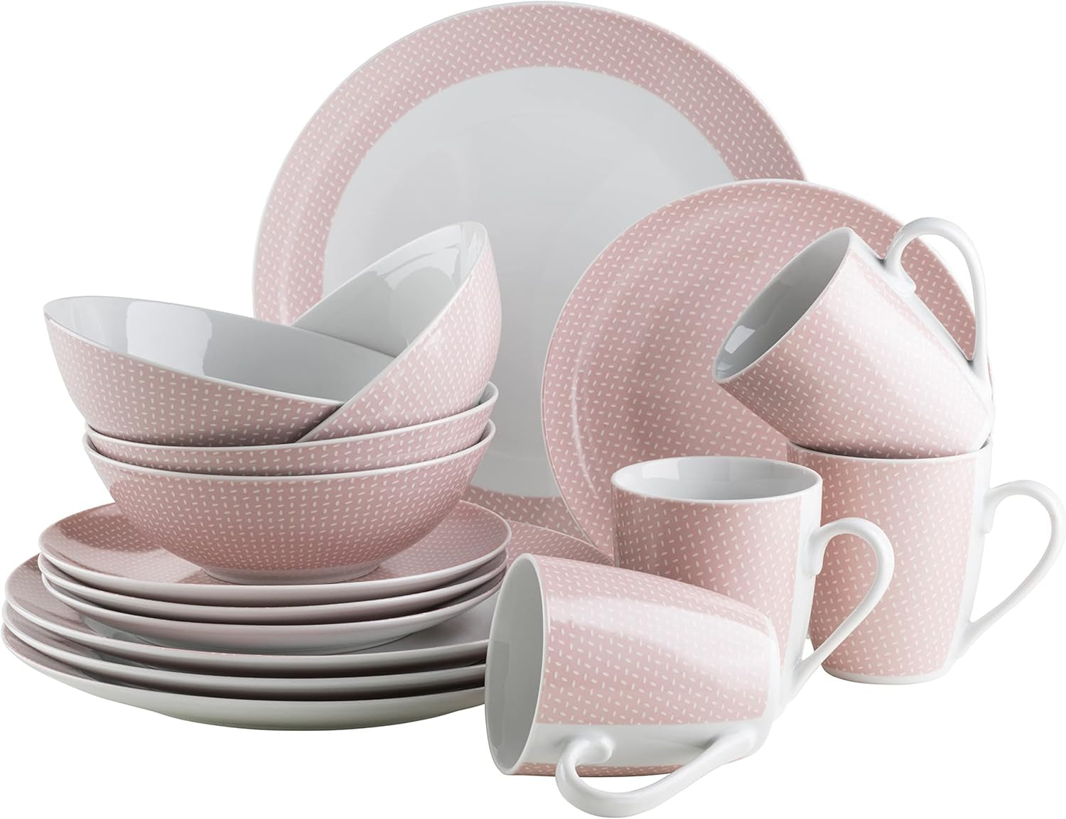 MÄSER Kitchen Time II, Serviesset voor 4 personen, Combiservies met 16 stuks in pastelkleuren met subtiel patroon, Porselein, Roze