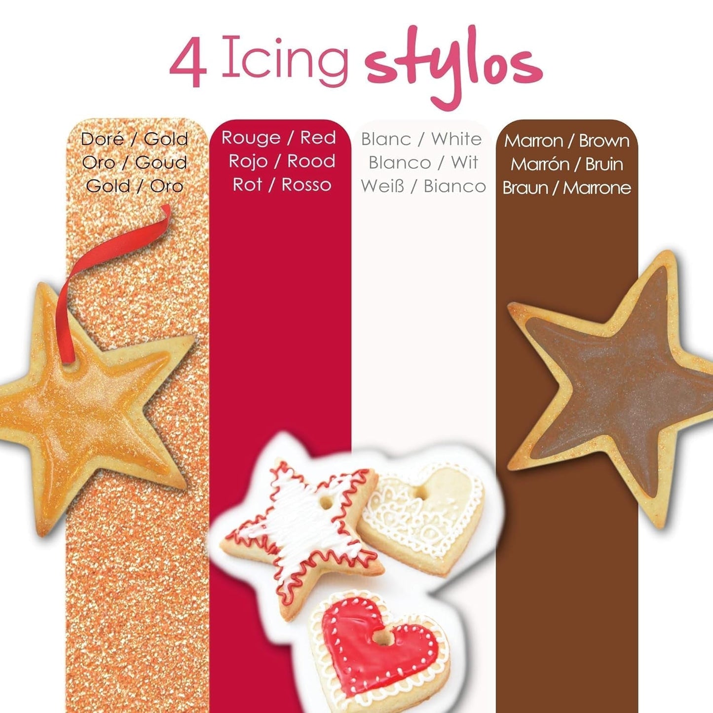 Scrapcooking - 4 stuks markers: goud, chocolade, wit en rood - decoratieve eetbare stiften voor het schrijven en tekenen op desserts, taarten en koekjes