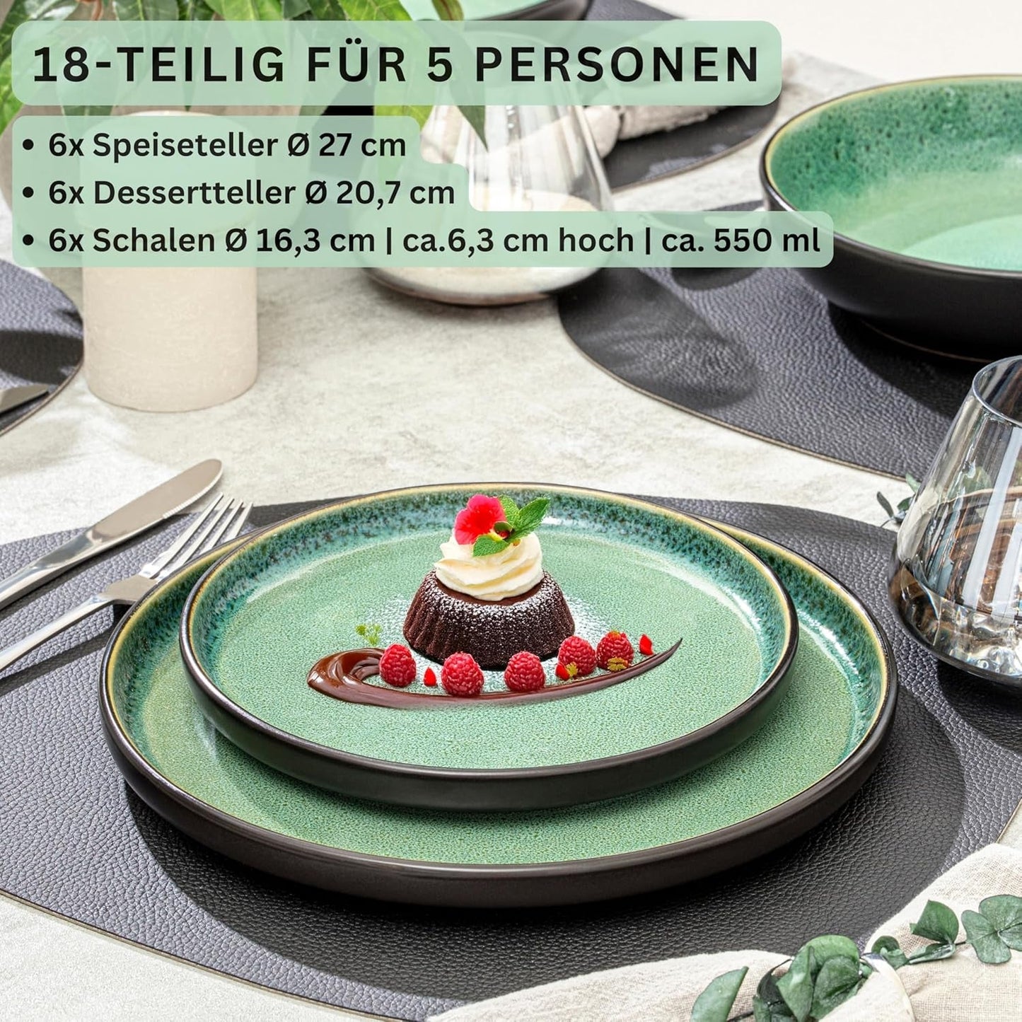 SÄNGER Greenwich | Serviesset van steengoed, 18-delig, bordenset voor 6 personen, serviesset (6 dinerborden, 6 dessertborden, 6 kommen), groen, krasbestendig, serviesgoed | DE WAARDE-COLLECTIE