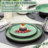 SÄNGER Greenwich | Serviesset van steengoed, 18-delig, bordenset voor 6 personen, serviesset (6 dinerborden, 6 dessertborden, 6 kommen), groen, krasbestendig, serviesgoed | DE WAARDE-COLLECTIE
