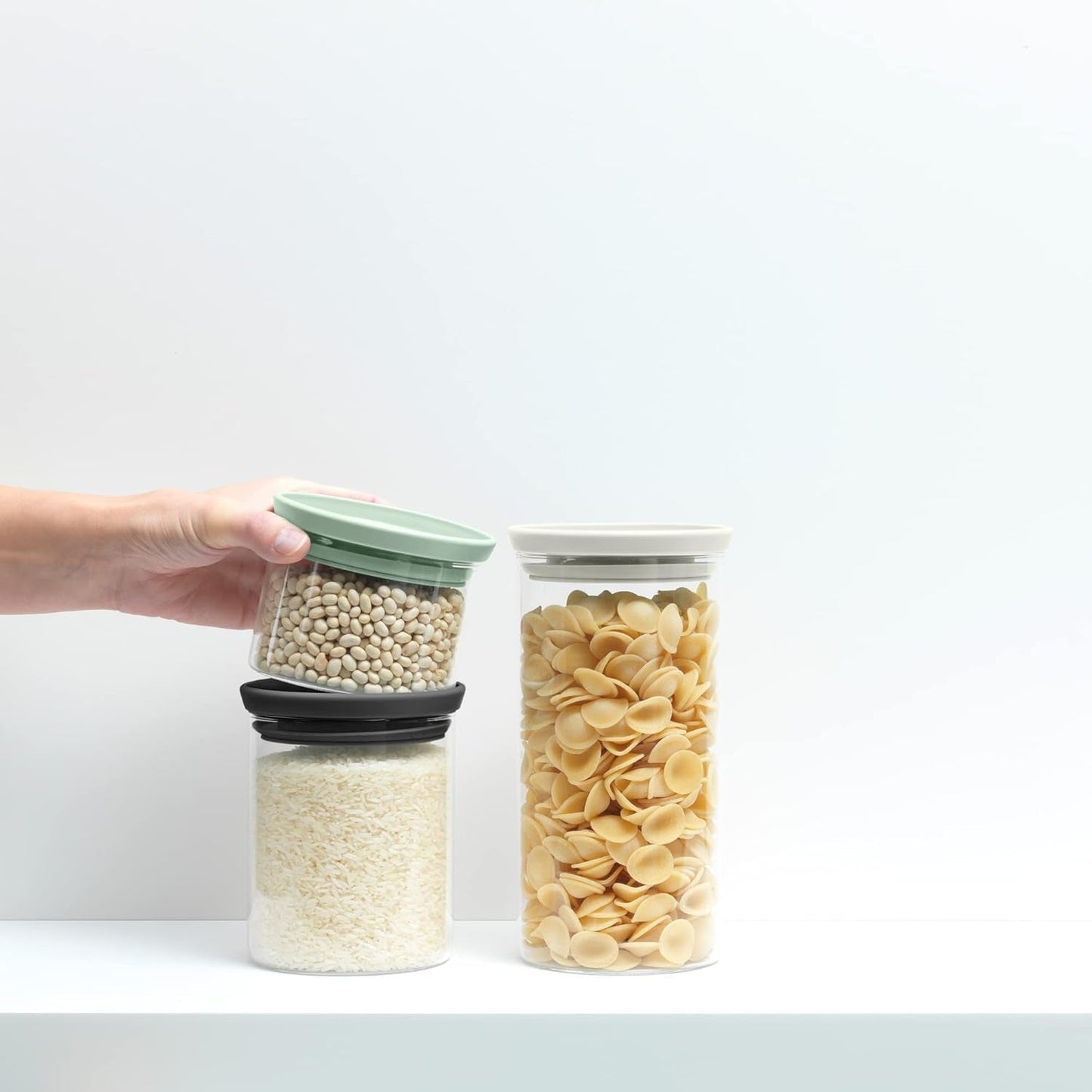 Brabantia - Stapelbare Glazen Container met Deksel - Set van 3 - Voedselopslag - Houdt Voedsel Langer Vers - Siliconen Afdichting - Vaatwasmachinebestendig - Donkergrijs/Lichtgrijs/Jadegroen - 0,3L/0,6L/1,1L Voedselbewaardozen Naty Shop