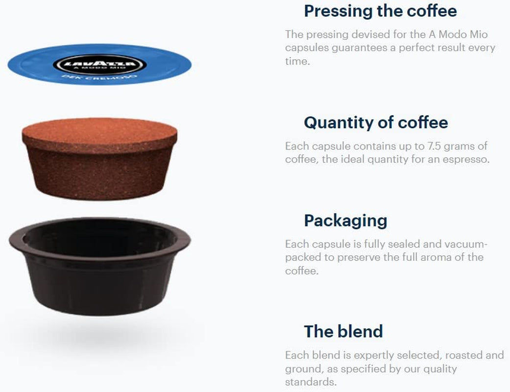 Lavazza A Modo Mio Dek Cremoso, 256 koffiecapsules, voor cafeïnevrije espresso met aromatische tonen van amandelen en canditis, 100% Arabica, intensiteit 7/13, medium gebrand, 16 pakjes