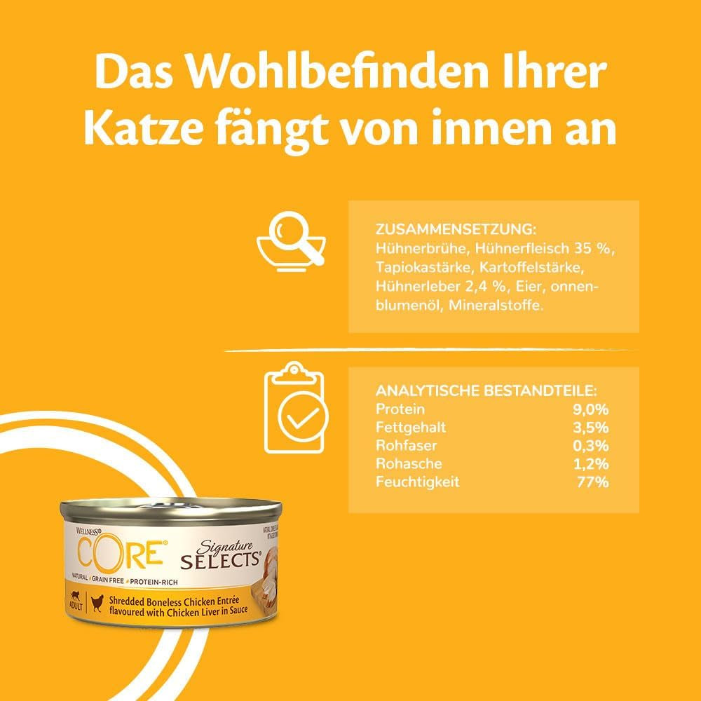 Wellness CORE Signature Selects 8 x 79g, Kip en Kalkoen Mix - Natvoer voor katten, heerlijke reepjes in saus, graanvrij, natuurlijk, hypoallergeen, rijk aan eiwitten, rijk aan vlees