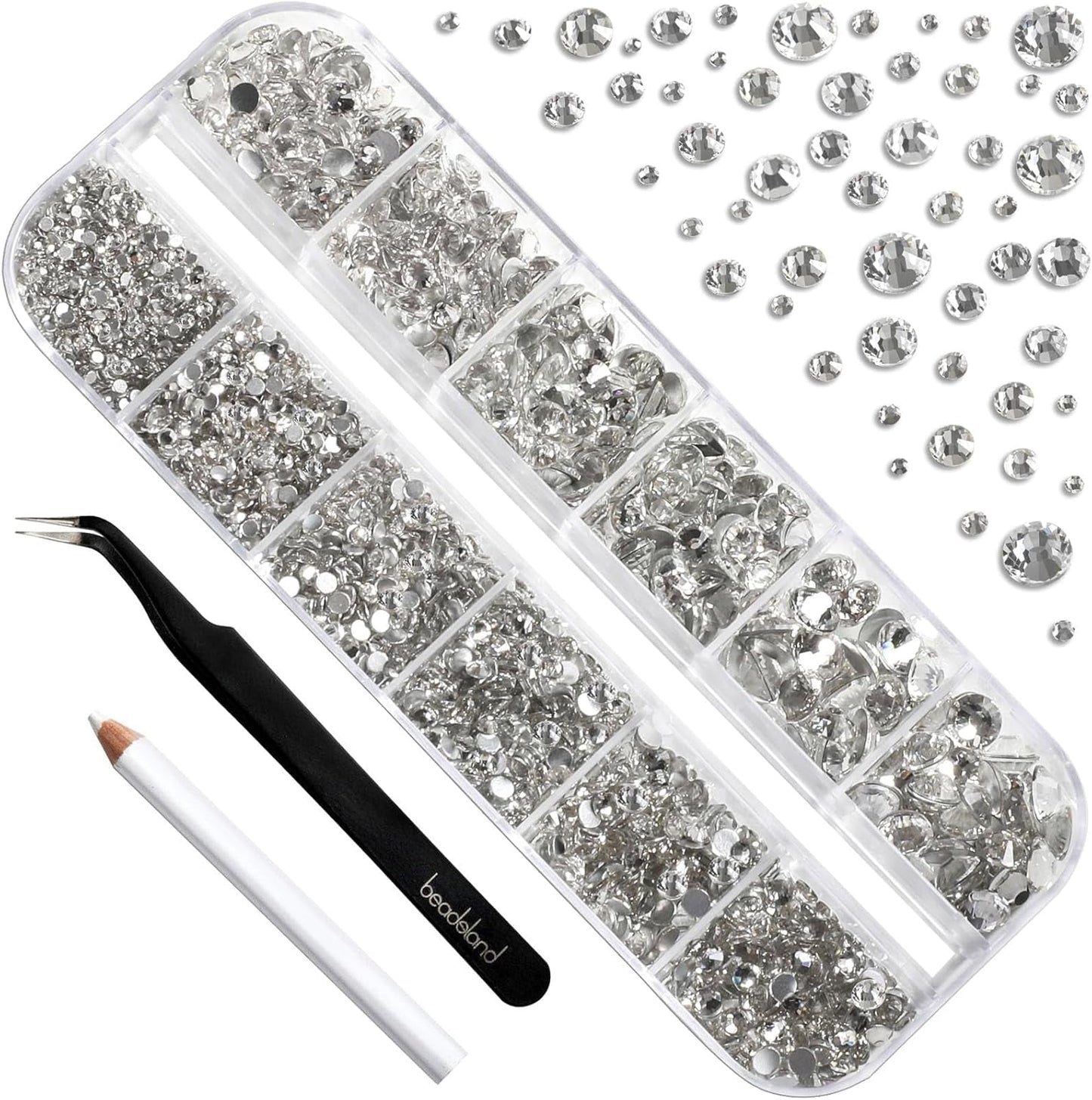 Beadsland 2500 stuks glas Nailart Strasssteine ​​Kristall Flatback Edelsteine ​​Runde, voor handwerk Gemischt 8 Größen SS4 ~ SS30 Mit Picking Pinzette en Stift (Kristall Weiss)