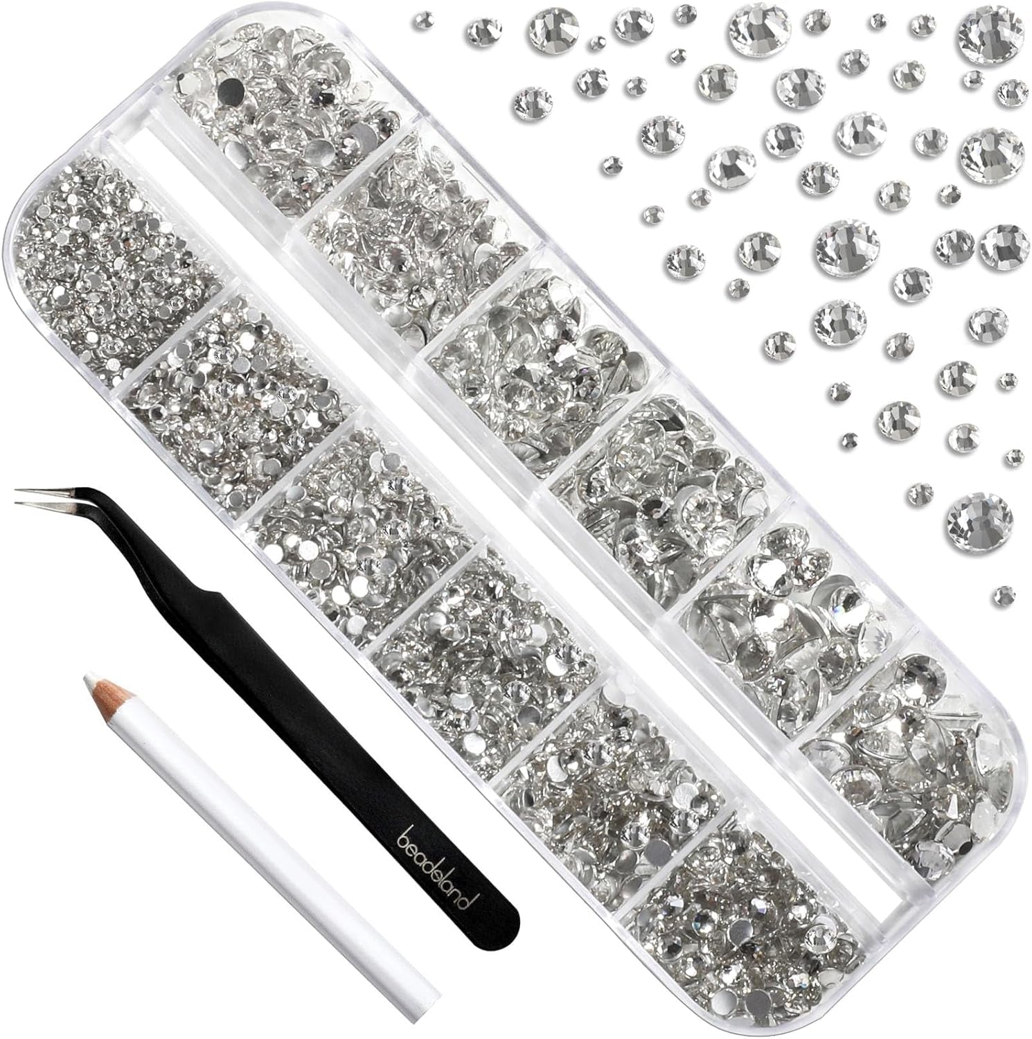 Beadsland 2500 stuks glas Nailart Strasssteine ​​Kristall Flatback Edelsteine ​​Runde, voor handwerk Gemischt 8 Größen SS4 ~ SS30 Mit Picking Pinzette en Stift (Kristall Weiss)