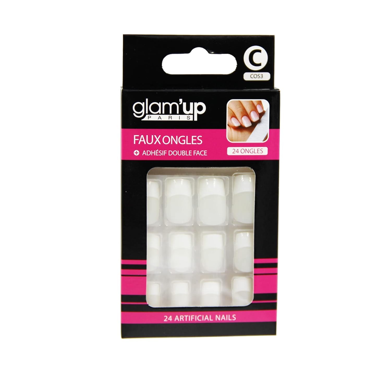 Glam'Up Paris – Kunstnagels – Volledige dekking – Gemakkelijk te gebruiken – 24 kunstnagels per doos + dubbele plakband – XL vierkante vorm – nr. 3 – French manicure, wit