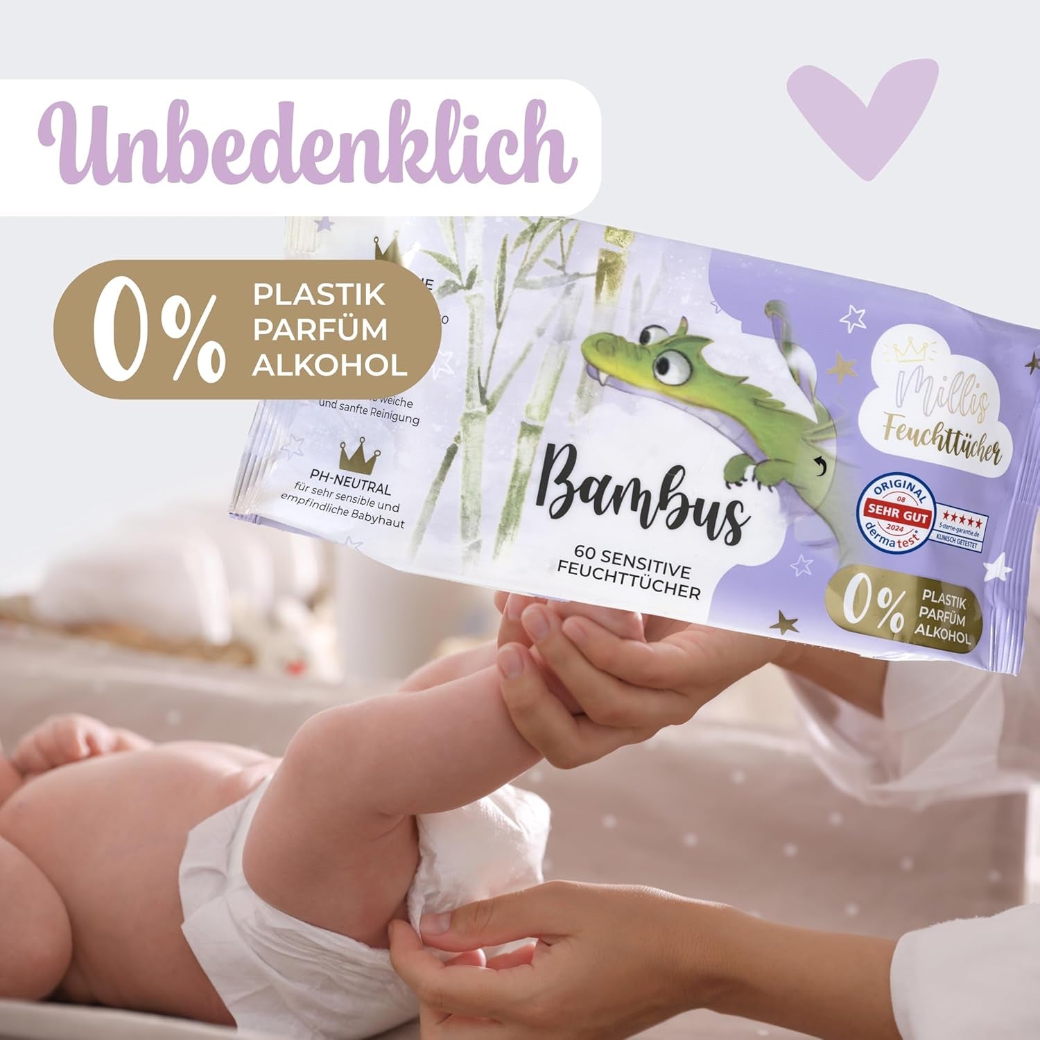 Millis Bamboo Baby Sensitive vochtige doekjes voor de gevoelige babyhuid - 5 x 60 stuks - Natuurlijke, zachte en duurzame reiniging - Biologisch afbreekbare babydoekjes, plasticvrij en alcoholvrij