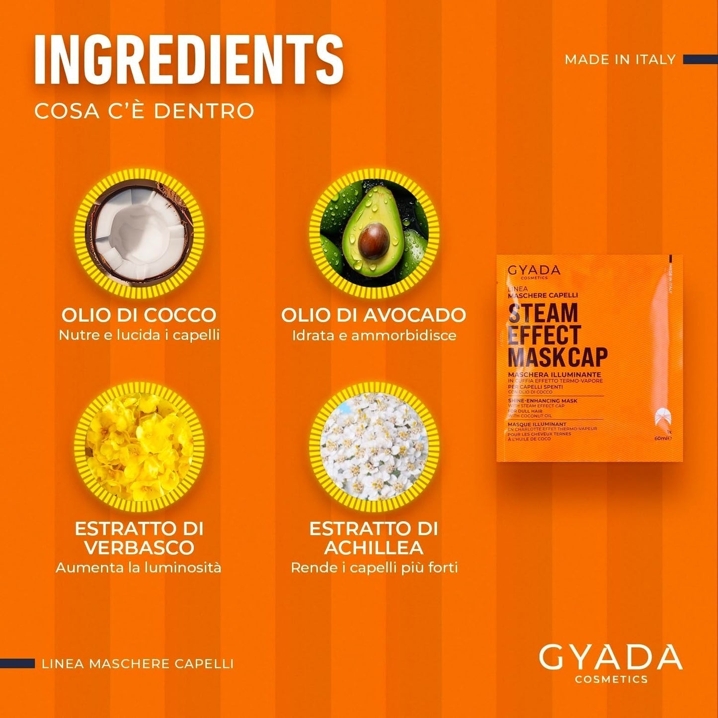 GYADA COSMETICS, haarmasker van licht en revitaliserend materiaal, geeft glans en zachtheid, voedende en herstellende werking, met thermische kap, op basis van kokosolie en avocado, 60 ml Naty Shop haarmasker