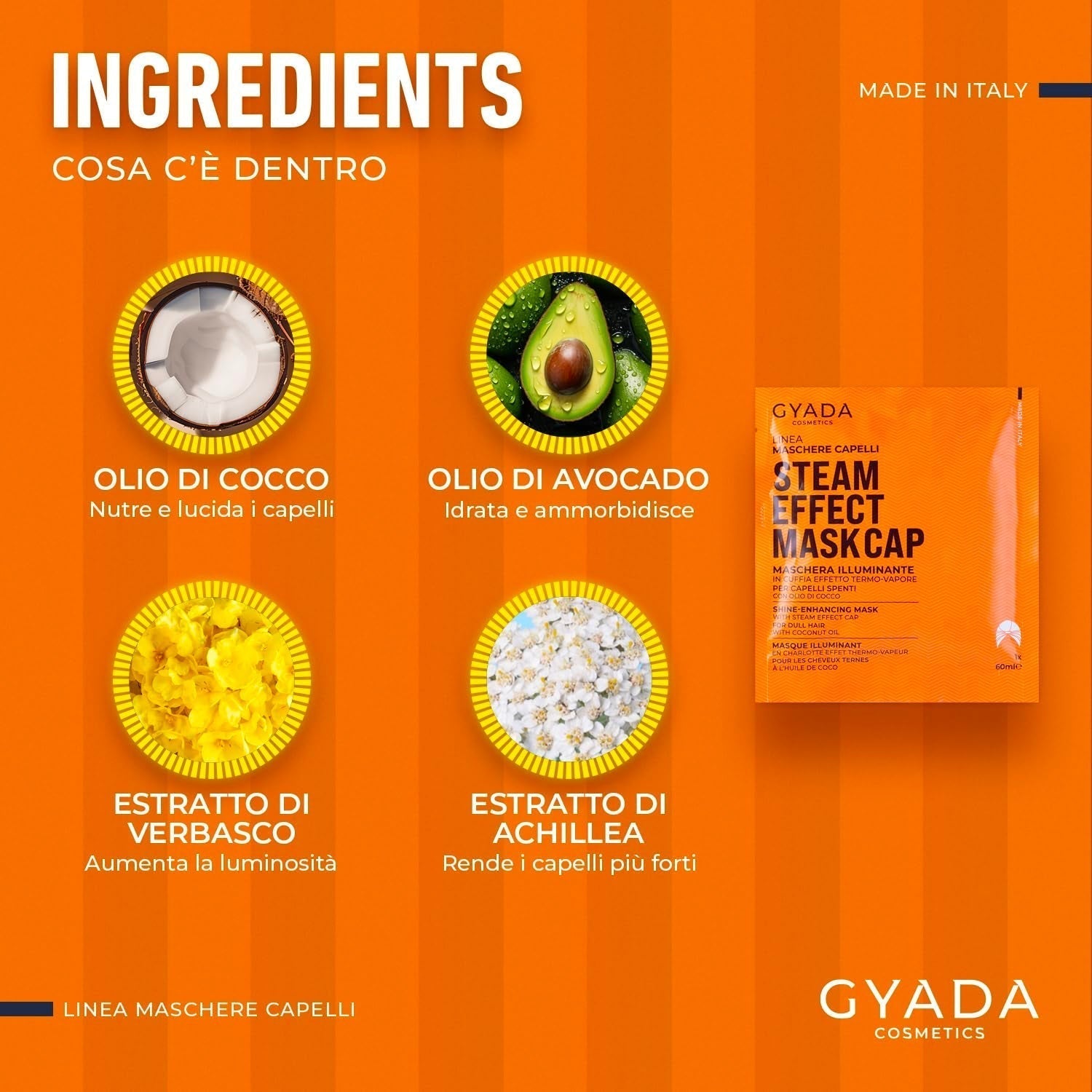 GYADA COSMETICS, haarmasker van licht en revitaliserend materiaal, geeft glans en zachtheid, voedende en herstellende werking, met thermische kap, op basis van kokosolie en avocado, 60 ml Naty Shop haarmasker
