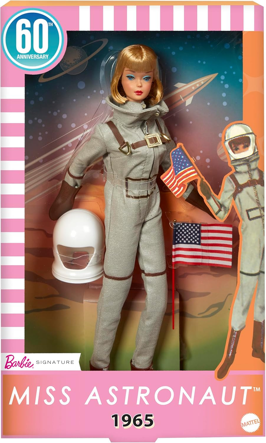 Mattel Barbie Miss Astronaut verzamelpop met zilveren pak, ruimtelaarzen en helmaccessoire, vintage reproductie van origineel uit 1965, JBJ48 Naty Shop Dolls standaardtitel