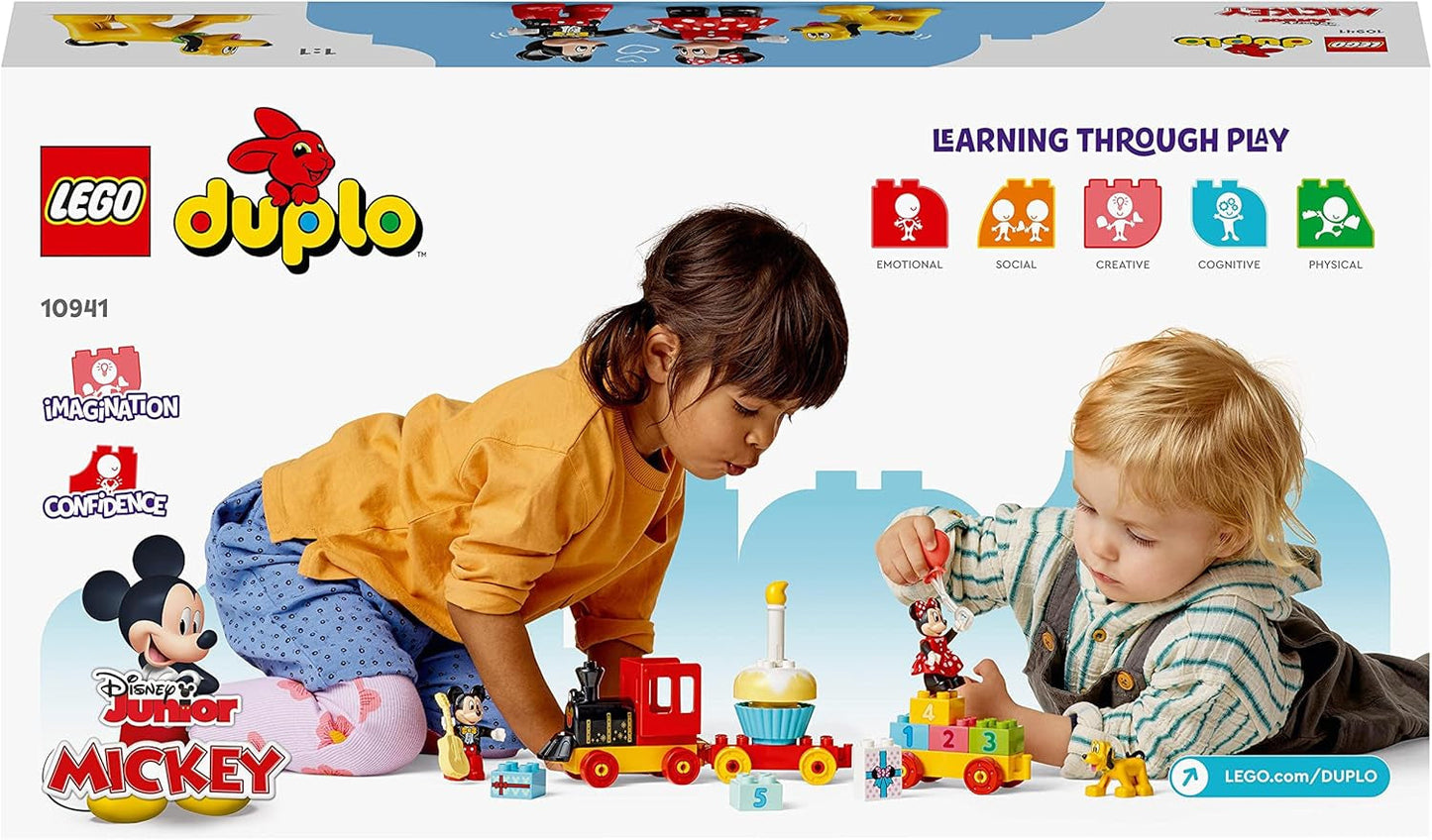 LEGO 10941 DUPLO Disney Mickey en Minnie verjaardagstrein, speelgoedtrein met taart en ballonnen, cadeau voor kinderen vanaf 2 jaar Bouwsets Besuche den LEGO-Store
