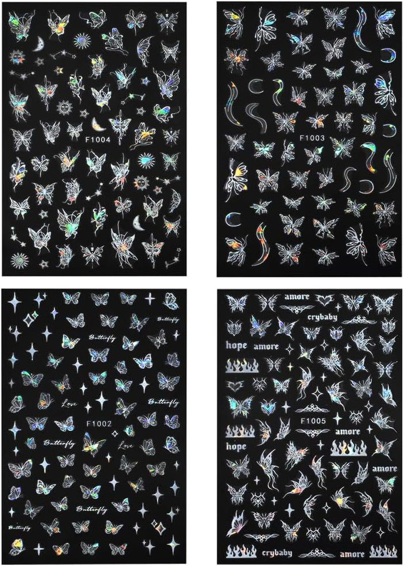 4 Blätter Holographisch Laser Wit Schmetterling Nagelsticker,Y2K Aurora Schmetterlinge Stern Nail Sticker 3D Flamme Herz Nageldesign Nagelsticker Selbstklebend Nagel Sticker Nagel Zubehör Nail Art