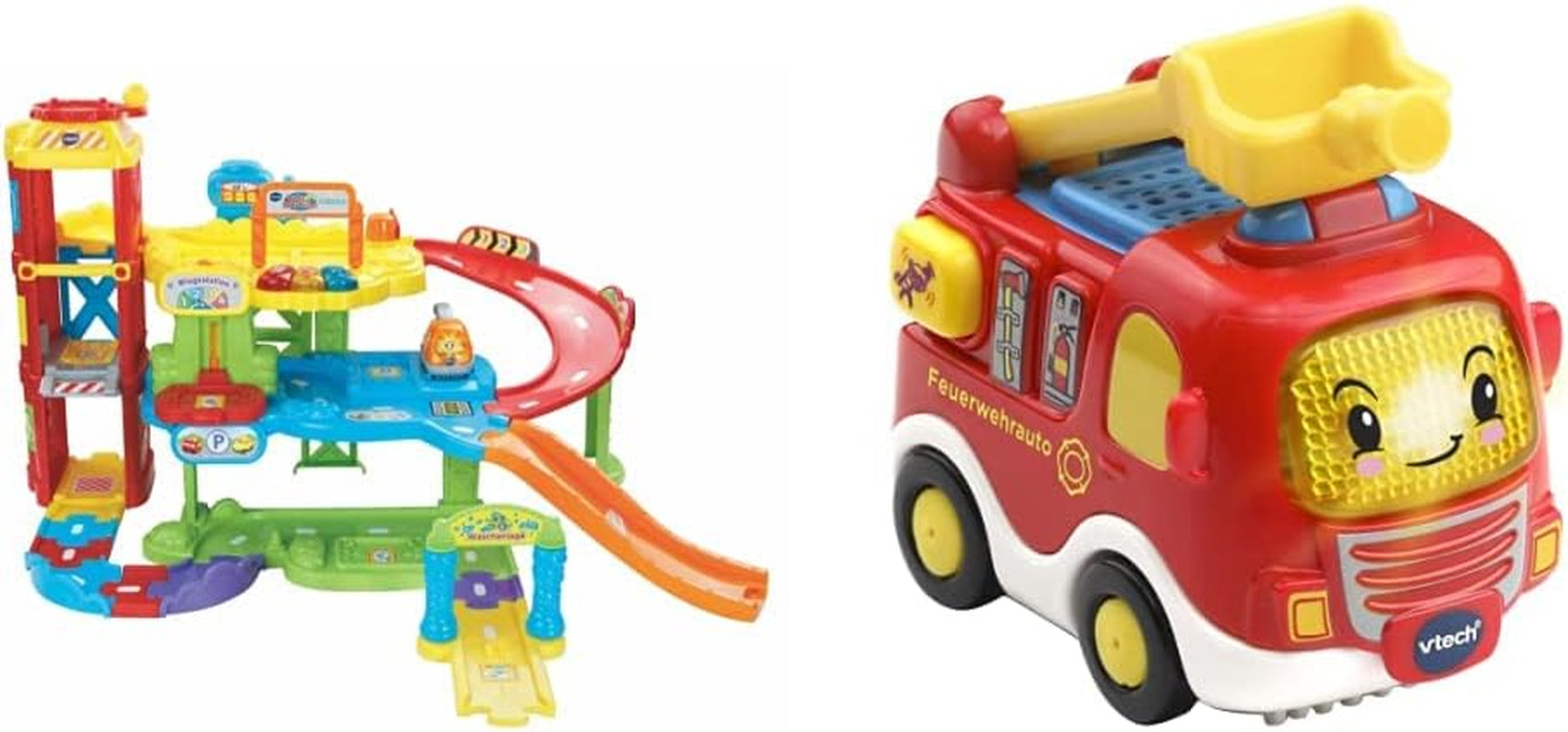Vtech TUT TUT Baby Flitzer - Parkeergarage, kleurrijk, 66,6 x 75,3 x 45,1 cm & TUT TUT Baby Flitzer - Brandweerwagen - speelgoedauto met muziek, lichtknop, interessante zinnen en geluiden Bebe Naty Shop Toys Standaard titel
