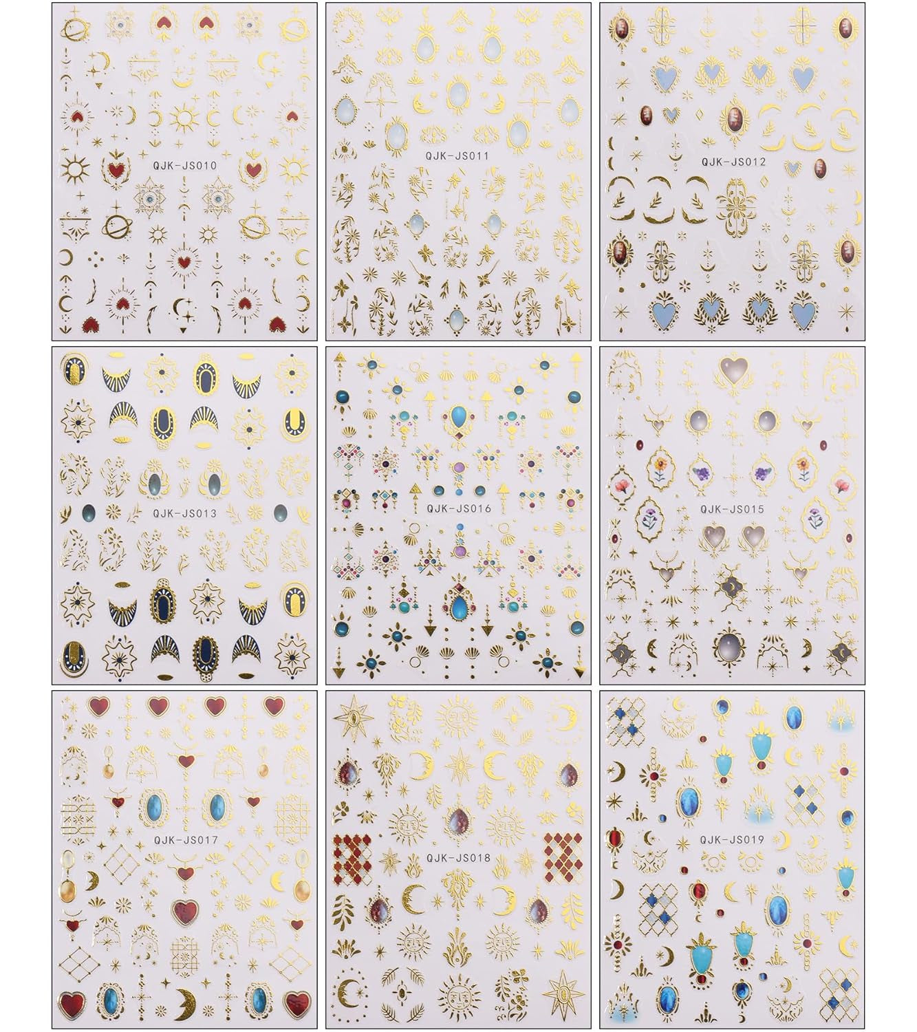 JMEOWIO Nagelsticker Herz Mond Stern 9 Blatt Nail Art Sticker Selbstklebend Nagelaufkleber Bunt Decoratie Nageldesign Zubehör