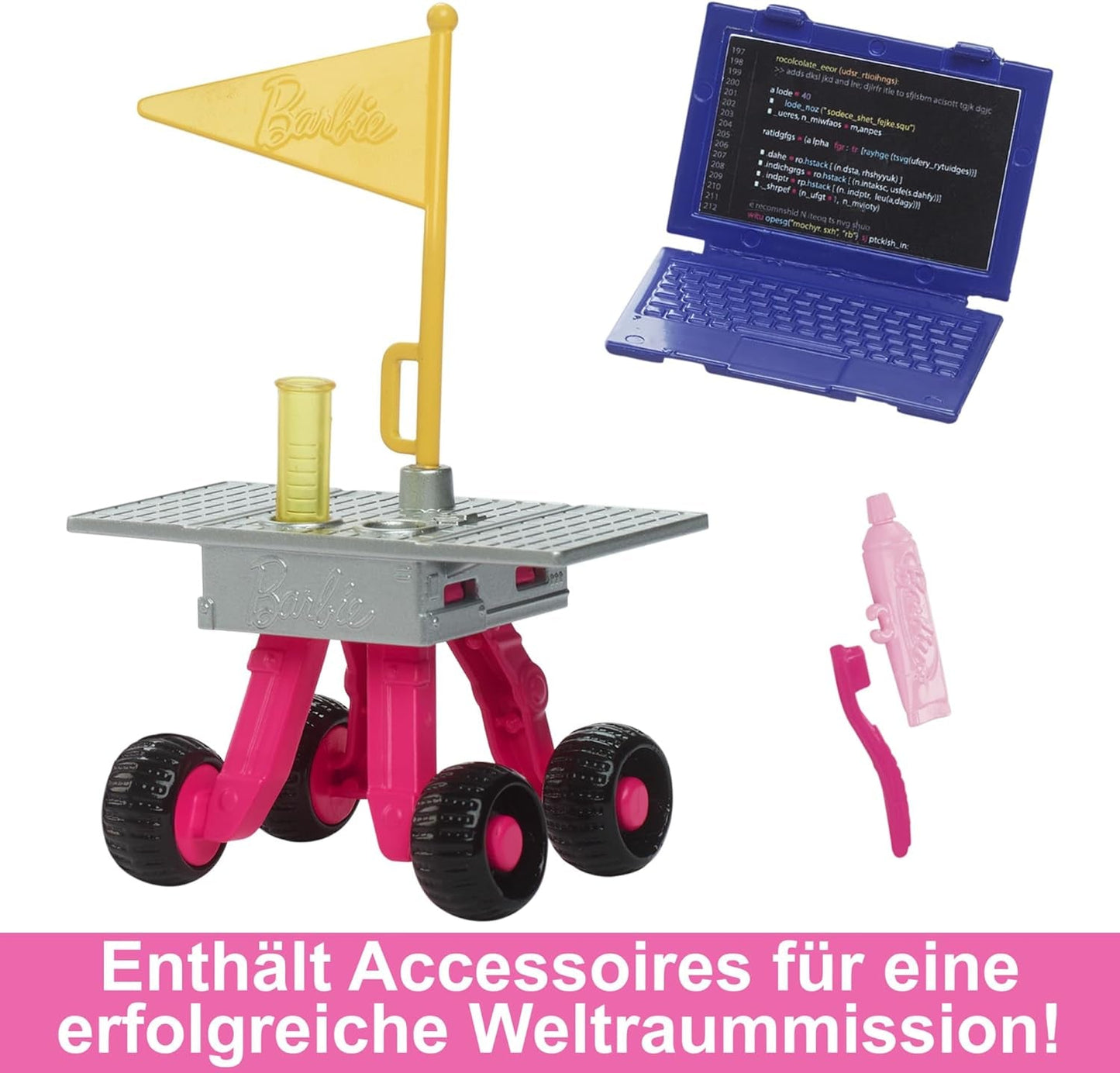 Barbie pop voor 65-jarig jubileum en 10 accessoires, astronautenset voor brunette pop, rover op wielen, ruimtehelm met aanpasbaar vizier en meer, HRG45 Naty Shop-poppen