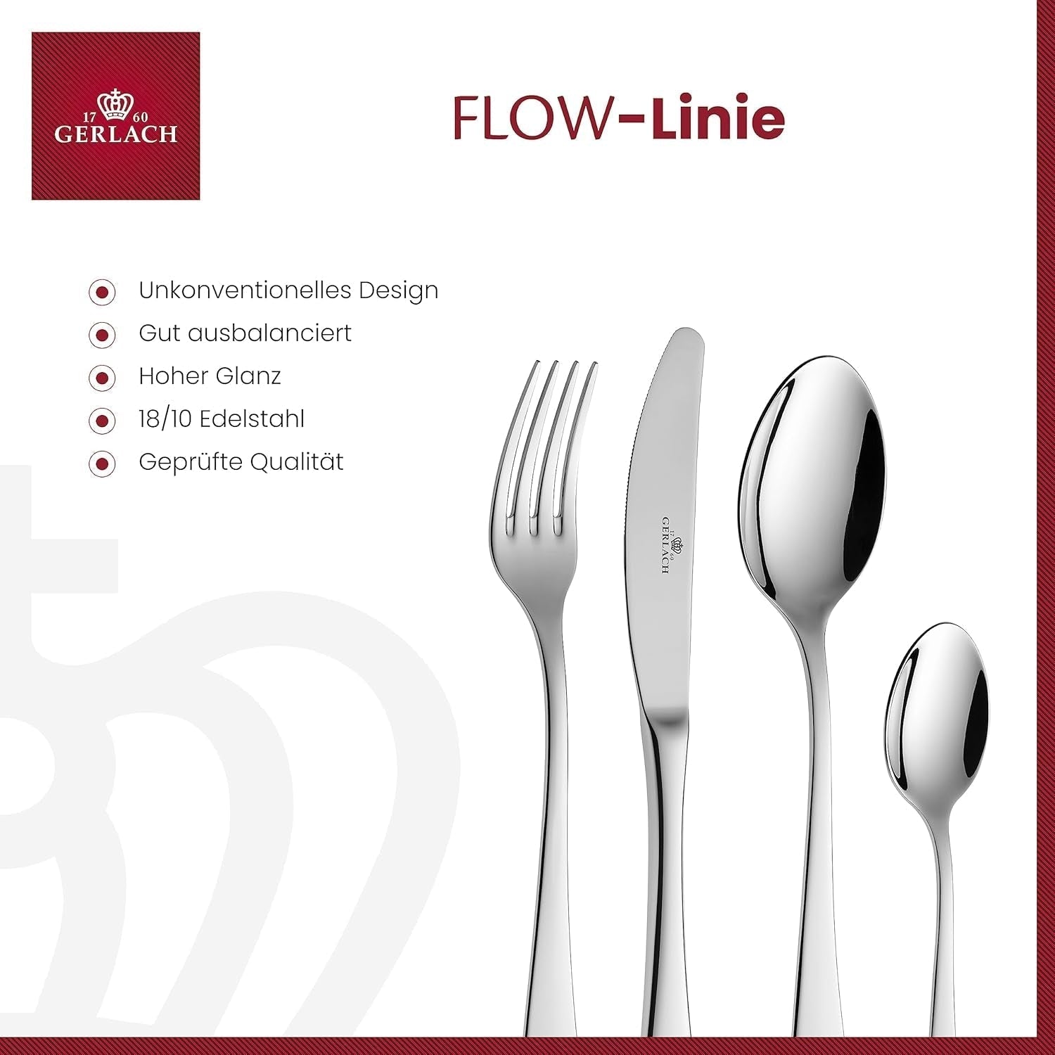Gerlach Flow Besteck-Set 6 Personen Spülmaschinenfest Essbesteck Besteck Aus Edelstahl Messer Gabel Löffel Teelöffel Tafelbesteck Rostfrei 24 Stk, Zilverlänzend Kitchen Naty Shop