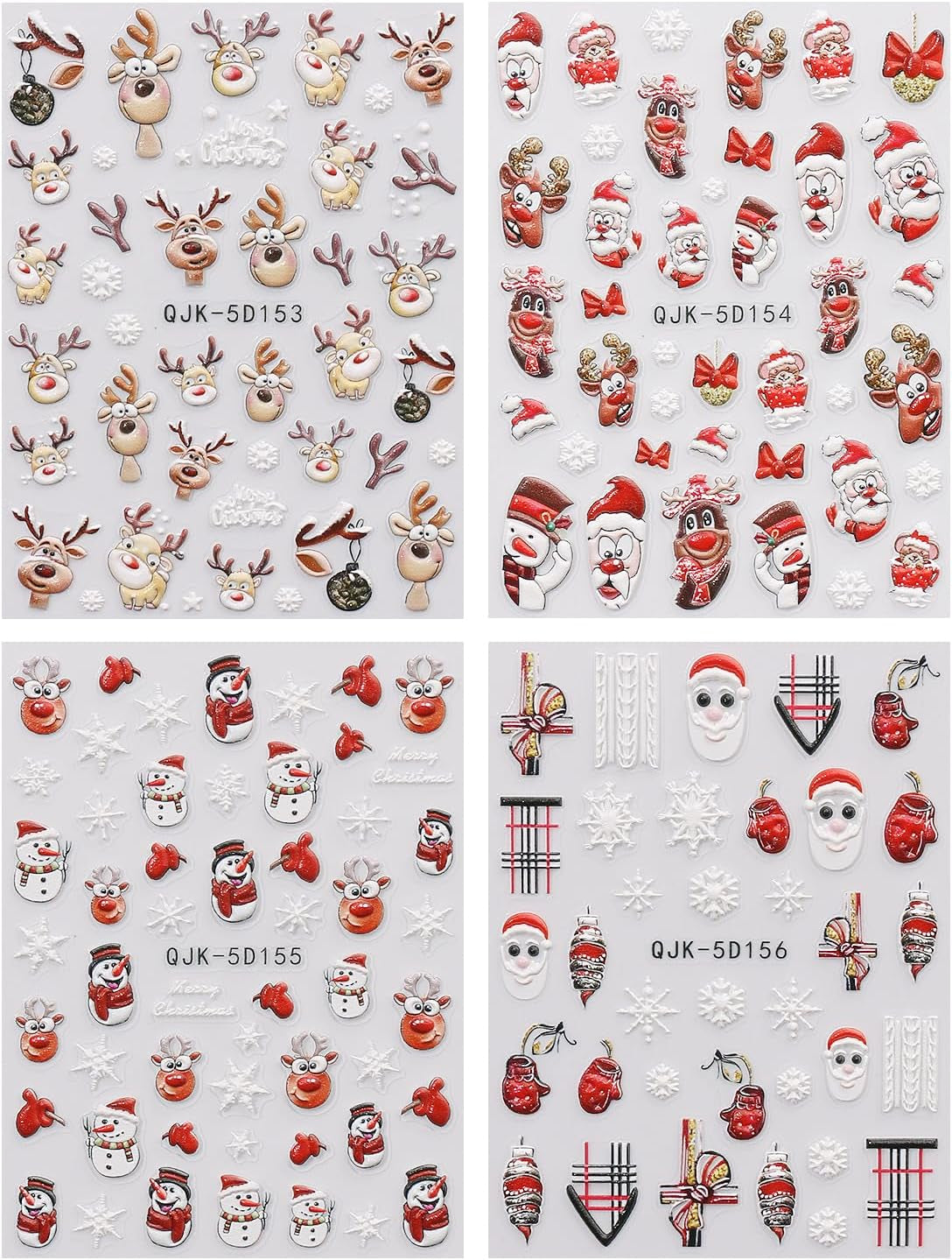 JMEOWIO 3D Nagelsticker Weihnachten Nail Art Sticker Selbstklebend Nagelaufkleber 5D Stereoskopisch Schneeflocke Xmas Winterurlaub Niedlich Decoratie Nageldesign Zubehör 4 Blatt