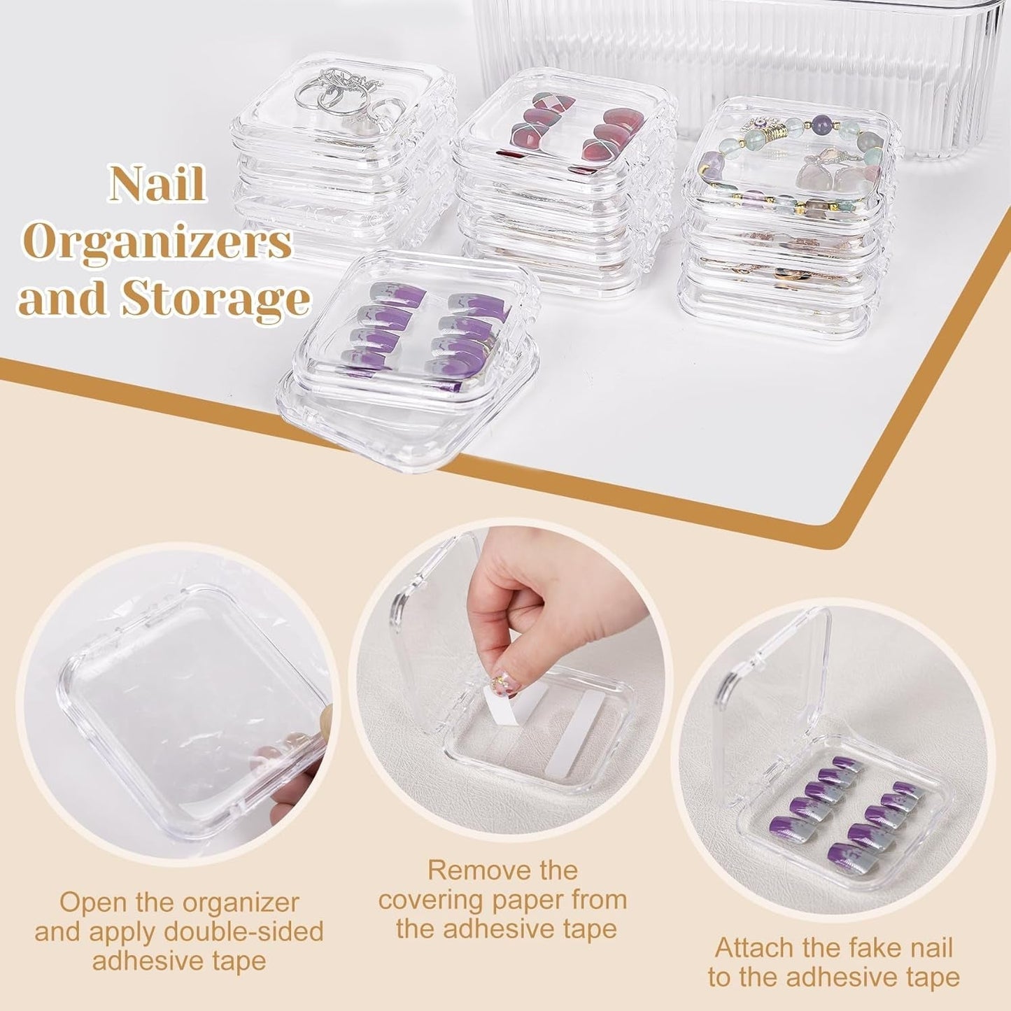 INMORVEN nagelopbergdoosset - 14 transparante nageldozen + 1 grote doos en 60 zelfklevende schijven - Ideaal voor het opbergen van kunstnagels, gelnagelaccessoires en nagellak (14 stuks in één laag)