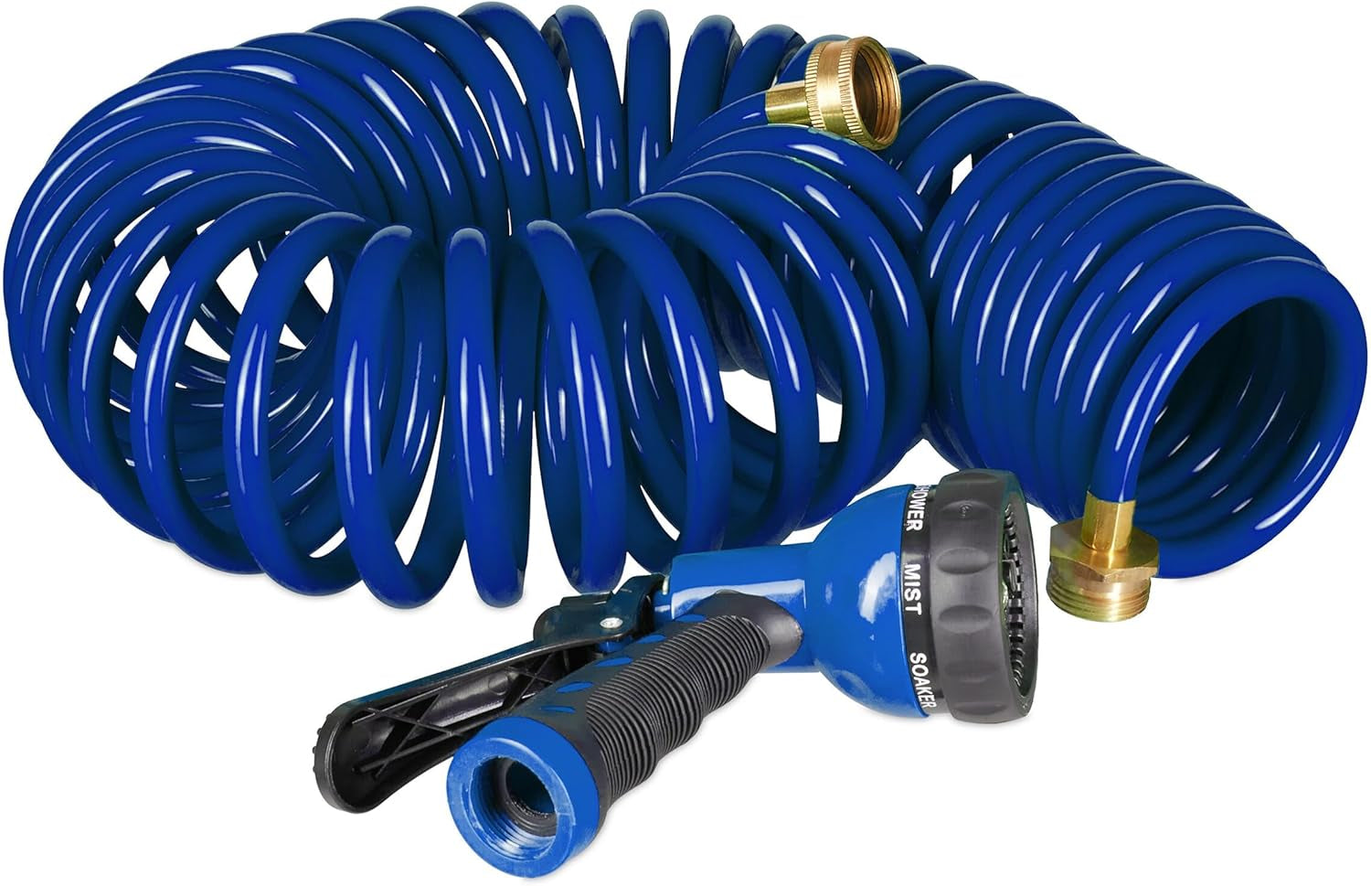 Relaxdays Spiraalslang Verlengbaar tot 10m Flexibele tuinslang met watersproeier 7 spuitpatronen Blauw 25 x 52 x 15 cm