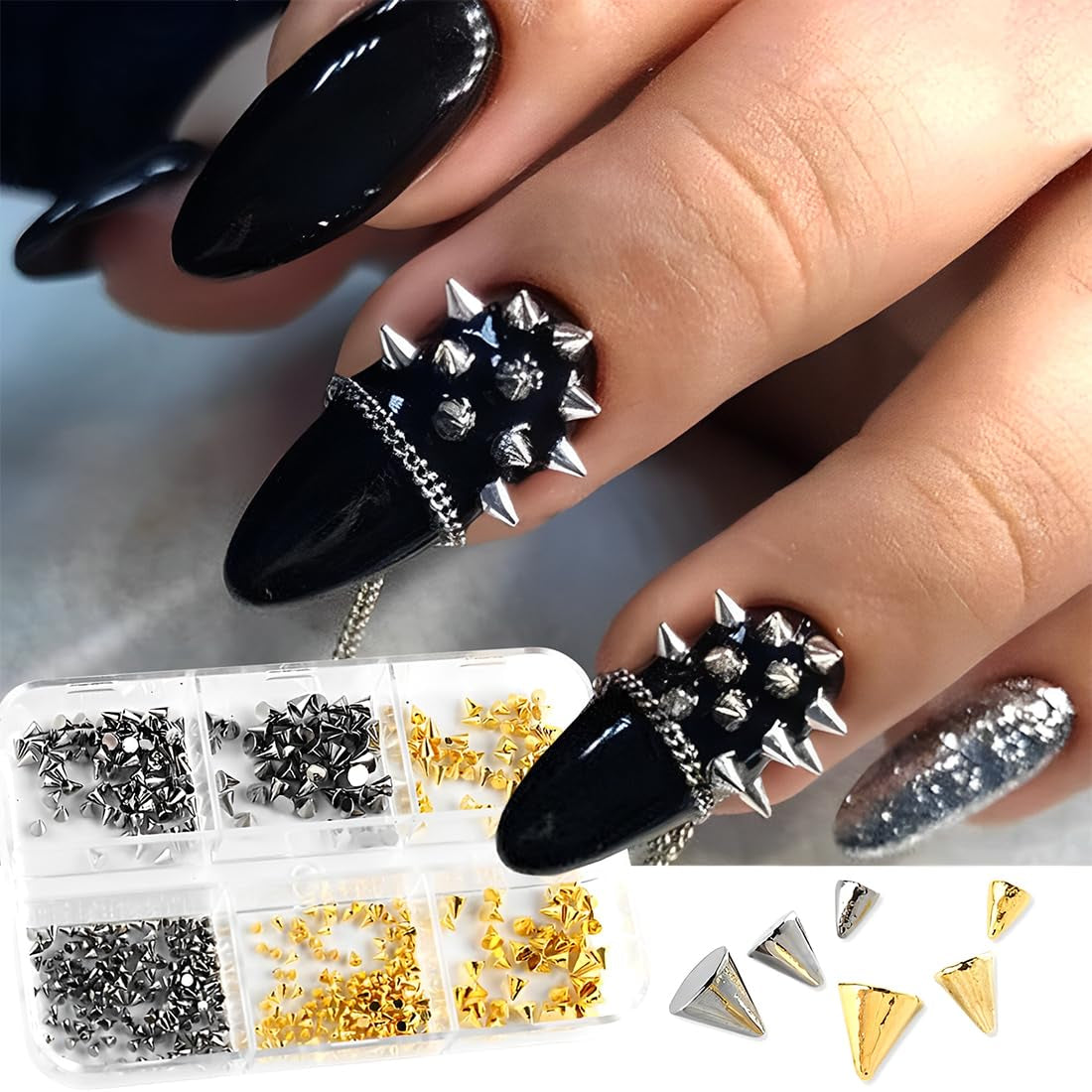 Mini Metall Nieten Punk Nail Charms Goud Zilver Strasssteine ​​Nägel Charm Kegel Spikes Nagelschmuck Glitzersteine ​​Nail Art Studs Nagel Steine ​​Legierung Nagelanhänger Rhinestones Nageldesign Zubehör