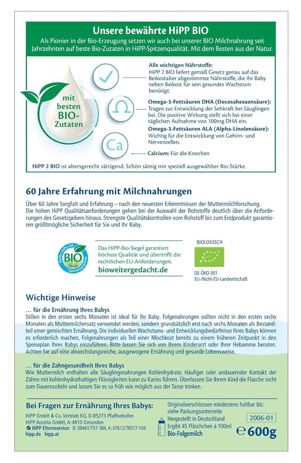 HiPP 2 Biologische opvolgmelk (4 x 600 g), na 6 maanden, met Omega-3 (DHA, ALA), calcium en eenvoudig te bereiden biologisch zetmeel, van de beste biologische kwaliteit