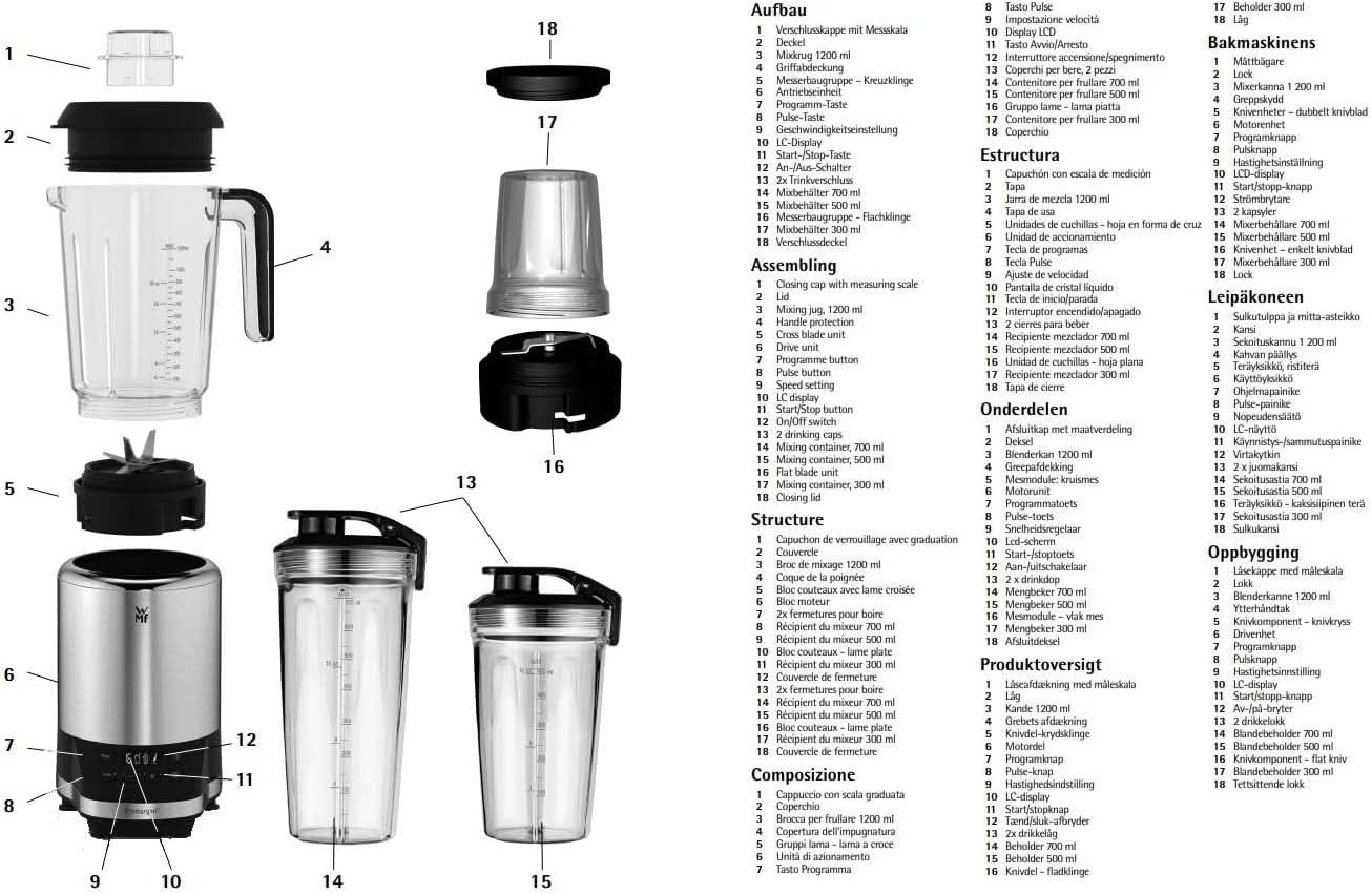 WMF Kult Pro Multifunctionele mixer Hoogwaardige mixer, 30.000 U/Min, Smoothie Maker, Standmixer, Ice-Crush-functie, 4 Mixbehälter Inkl. Togo-Verschluss Keuken Naty Shop