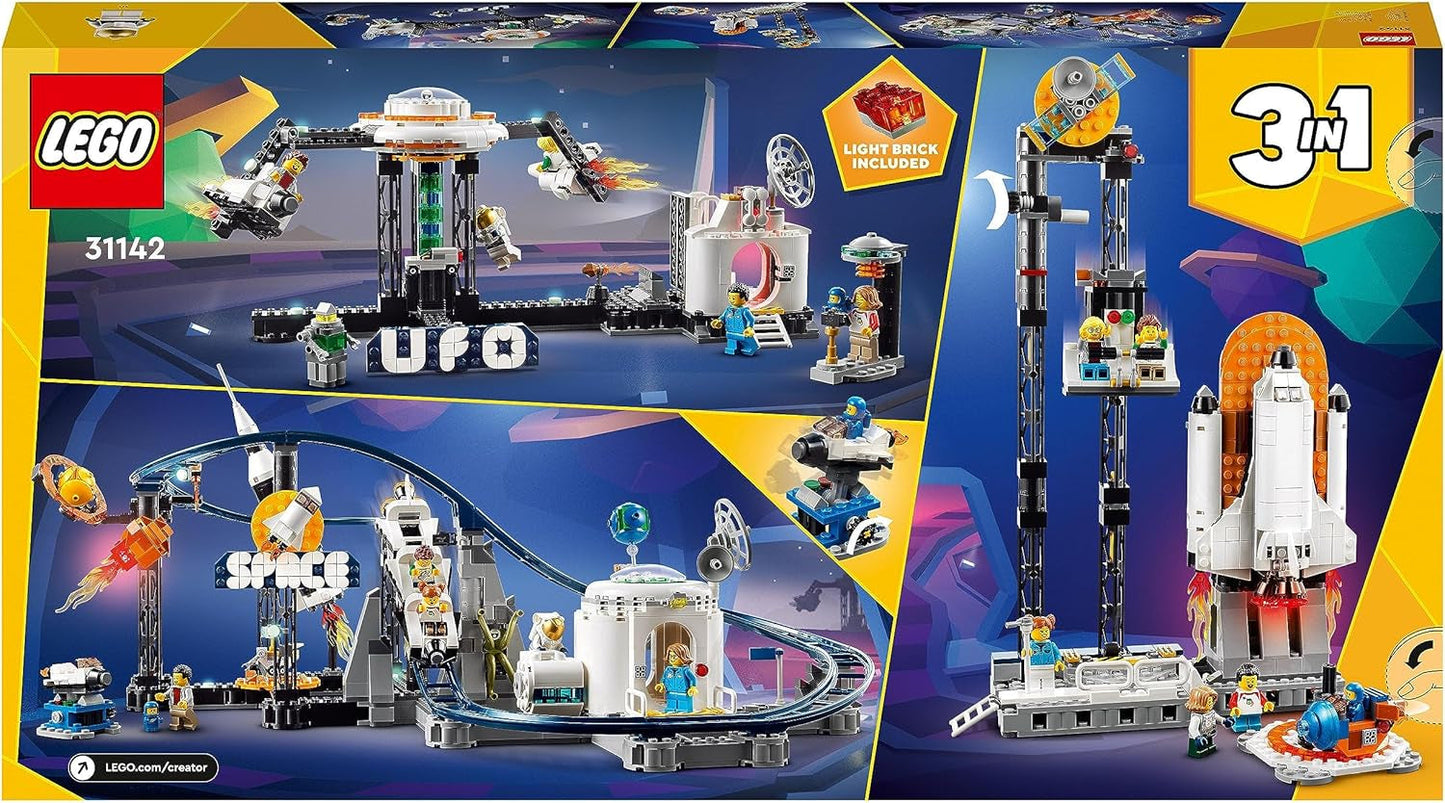 LEGO 31142 Creator 3-in-1 ruimteachtbaan speelgoedset voor kinderen met werkende karren, kan worden omgebouwd tot een vrije val-toren of carrousel met raketten en gloeiende stenen Bouwsets