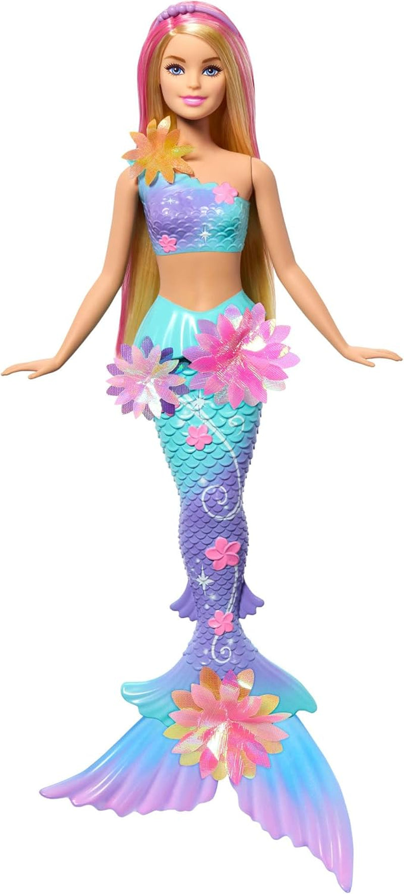 Barbie Meerjungfrauen-Spielzeug Puppe mit magischer overraschungs Blüte, Schwanzflosse mit Farbverlauf, perlenbesetzten Haarreif en lang blond Haar met rosa Strehchen, JDM72
