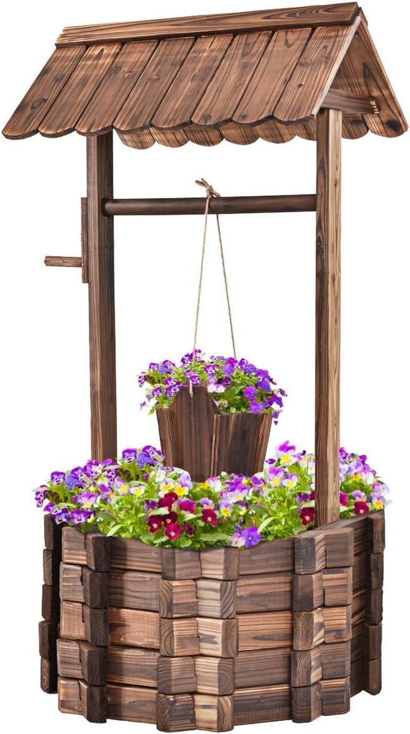 Houten fontein 56x56x114cm met dak, Wensput, Tuindecoratie, Bloempotten, Decoratieve fontein, Bloempotten, Bruin
