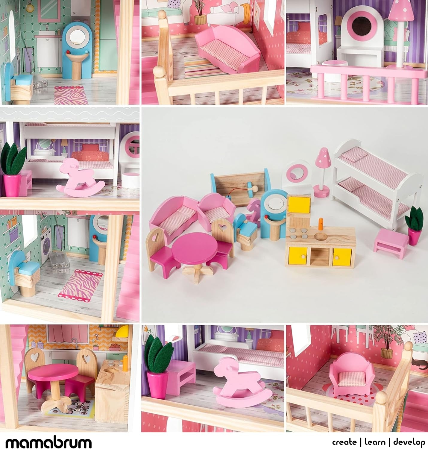 A405 LED-verlicht poppenhuis - 3 verdiepingen en meubelset - Houten speelhuis inclusief accessoires: keuken, badkamer, slaapkamer - Cadeau voor meisjes vanaf 3 jaar Poppenhuizen Naty Shop